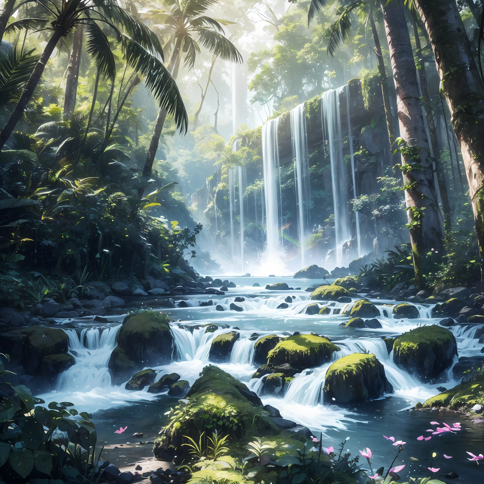 res, ultra detailed, (no human:1.3), BREAK , Create an image using a dark rainbow prism effect, with light refracting and creating ethereal cinematic appearance. BREAK , Design an image with a cinematic lens , capturing a wide field of view with a distinctive, curved perspective. BREAK , Capture a wide river,dense rainforest , with aged thick trees, rocks, waterfall,trees with colorful flowers,dappled sunlight, and a sense of tranquility and natural beauty. BREAK , Illustrate a rainforest world, using only godray shades of nature to convey depth, emotion, and a striking visual impact --auto --s2
