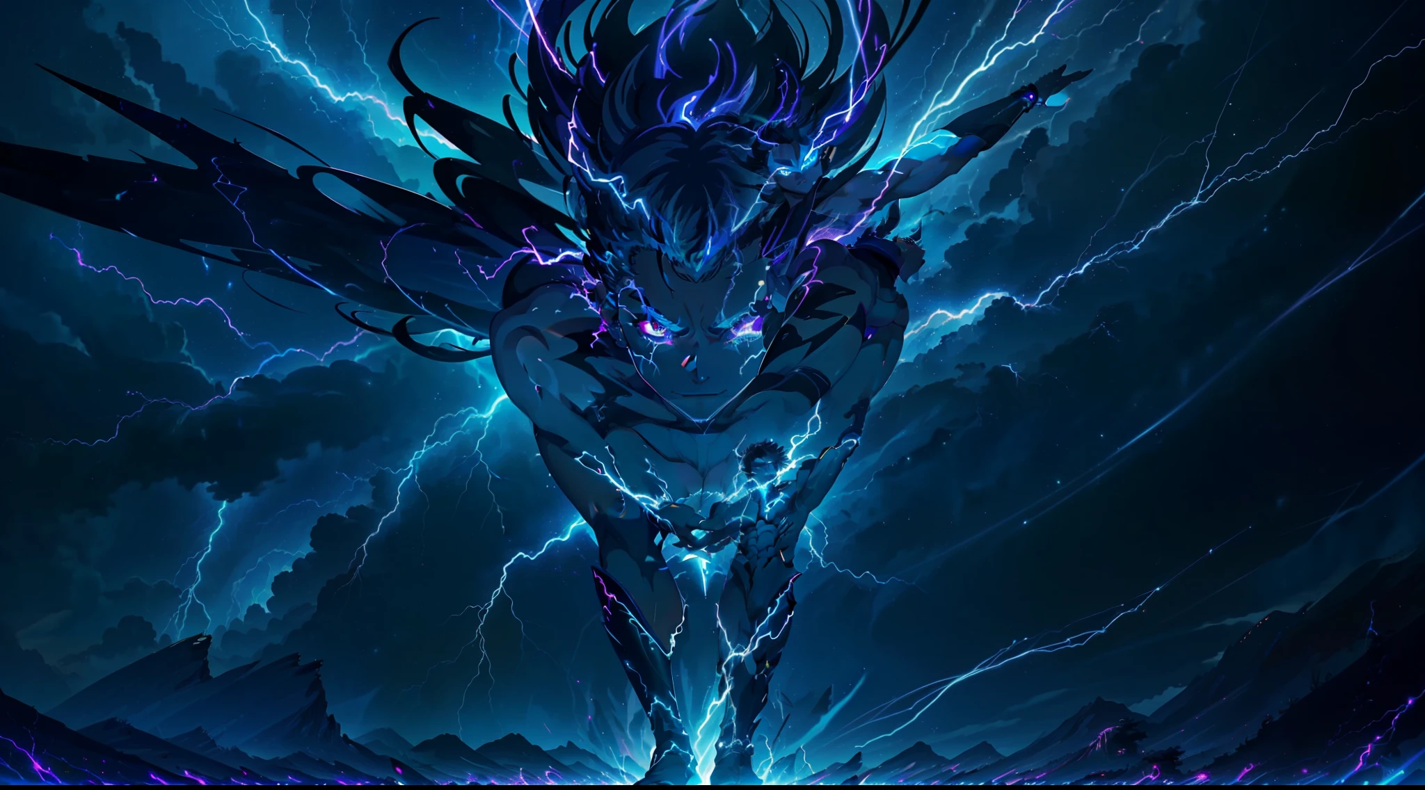 a close-up of a person with a purple and blue background full of lightning, glowing black aura, evil aura, 8k anime, an epic anime of a being with lightning powers, epic anime style, menacing aura, aura of darkness, evolving into his final form, glowing power aura, cosmic power glowing and flourishing, many lightning bolts surrounding the character