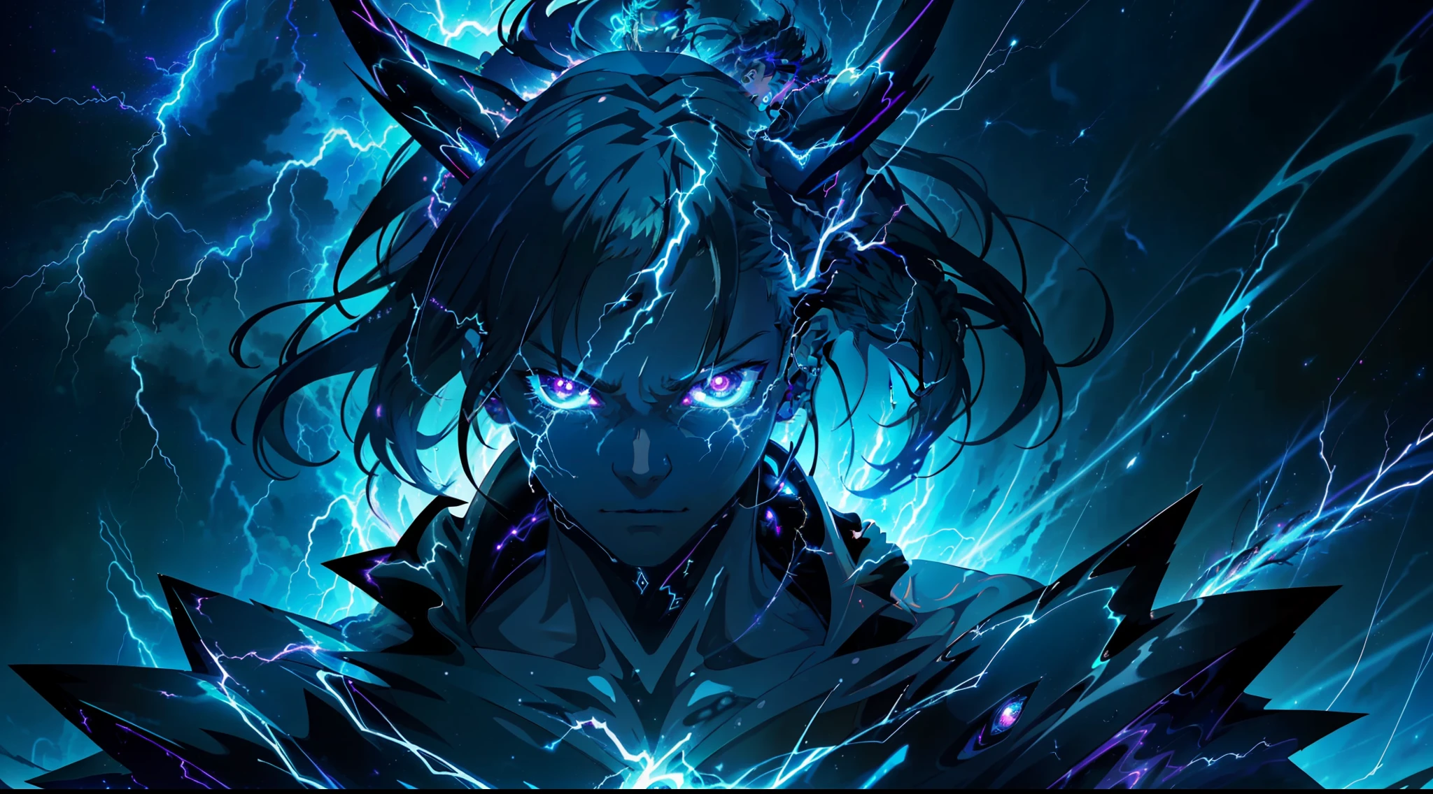 a close-up of a person with a purple and blue background full of lightning, glowing black aura, evil aura, 8k anime, an epic anime of a being with lightning powers, epic anime style, menacing aura, aura of darkness, evolving into his final form, glowing power aura, cosmic power glowing and flourishing, many lightning bolts surrounding the character