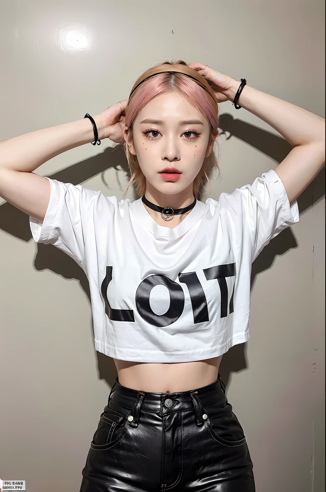 (8k:1.27), best quality, masterpiece, ultra highres:1.2), arrested lesbian goth delinquent girl with arm tattoos, tattooed girl, full body picture, orange oversized knotted prisoner t-shirt with black letters, short big sleeves, orange inmate prison uniform, dyed pink hair, dyed blonde hair, short bob hairstyle, hair pulled back, in a prison cell, handcuffed, hands tied with rope, submissive neck choker, 4k or 8k picture, looking sad, paisley bandana ribbon hairband, nose septum piercing, wearing dirty old clothes