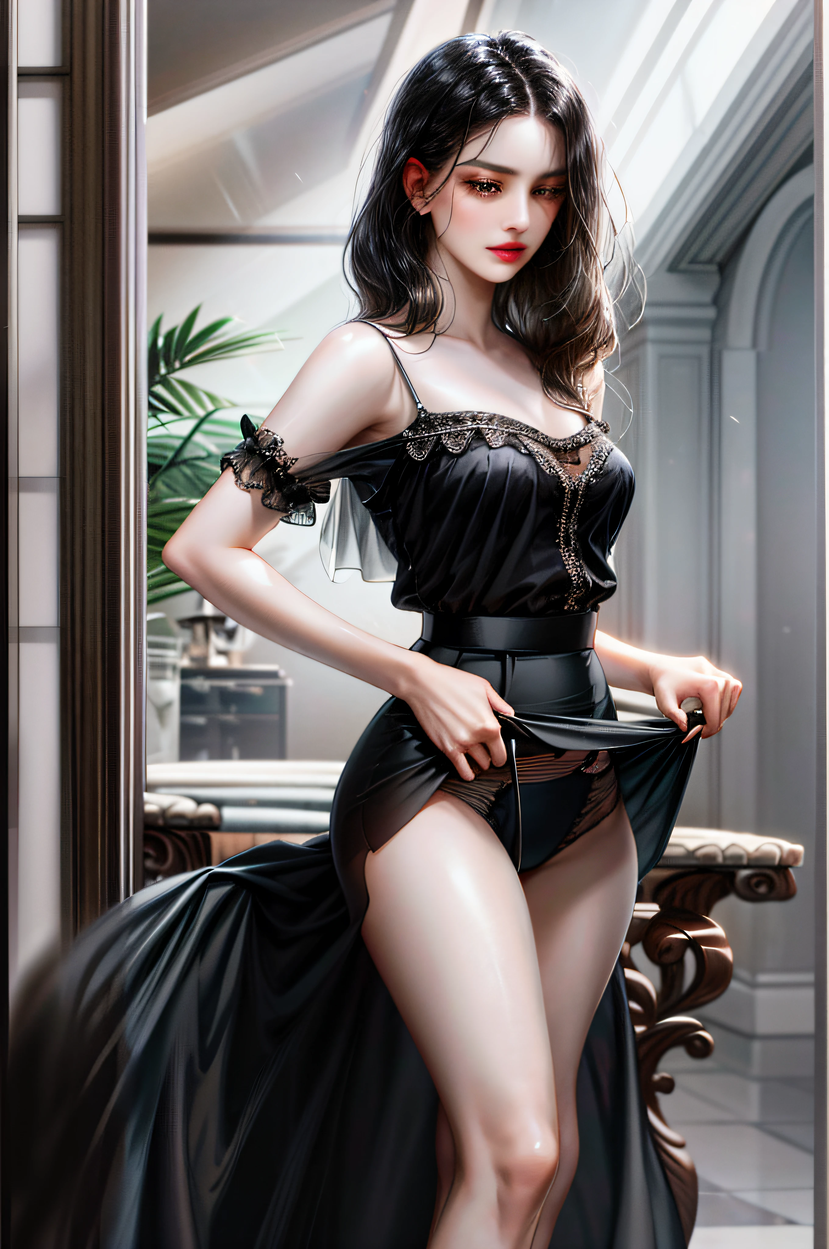 Girl with long straight black hair and brown eyes, beautiful, thin, flat, tall, wearing a businessman's uniform, (black sheer blouse, black sheer slit skirt, white underwear)