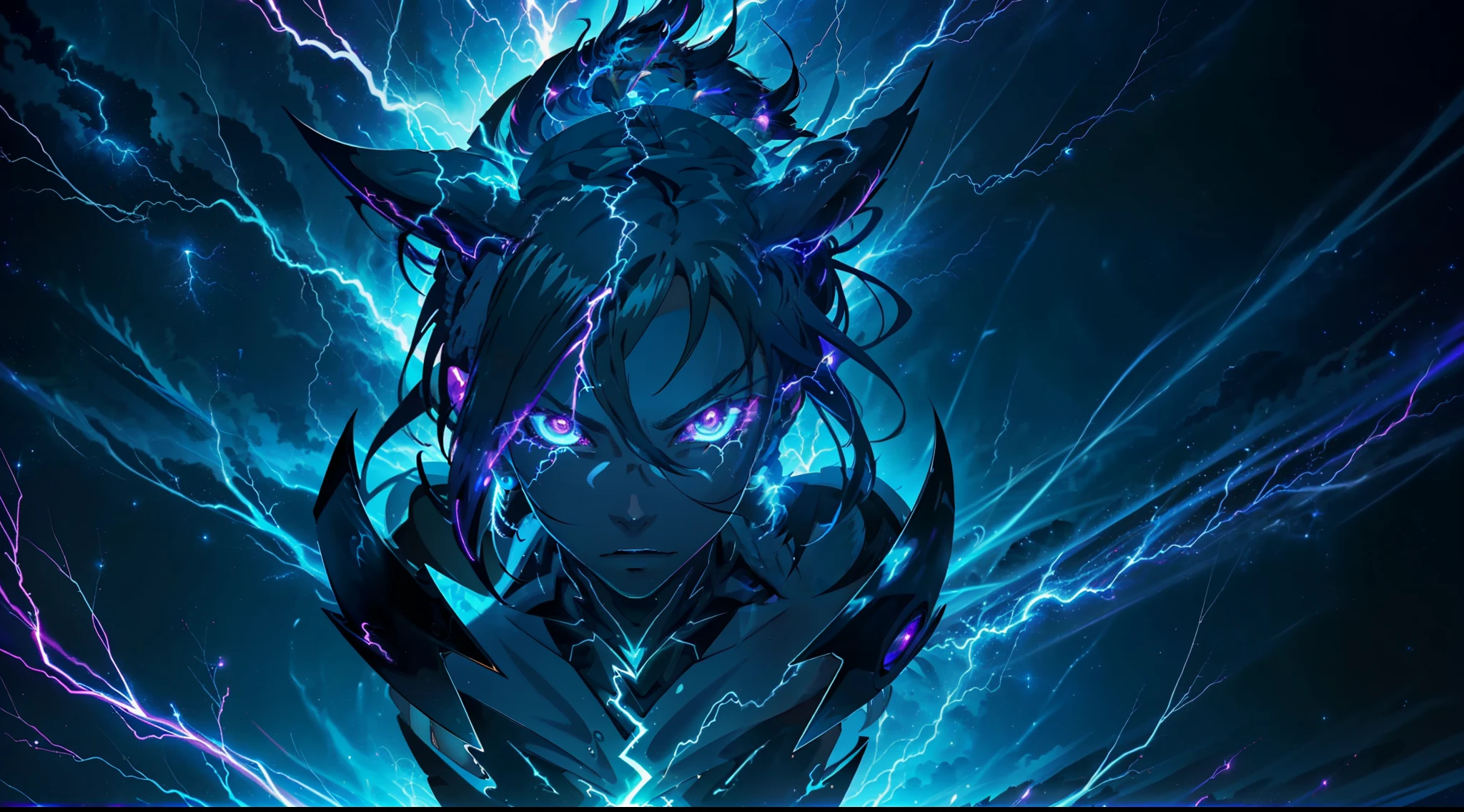 a close-up of a person with a purple and blue background full of lightning, glowing black aura, evil aura, 8k anime, an epic anime of a being with lightning powers, epic anime style, menacing aura, aura of darkness, evolving into his final form, glowing power aura, cosmic power glowing and flourishing, many lightning bolts surrounding the character