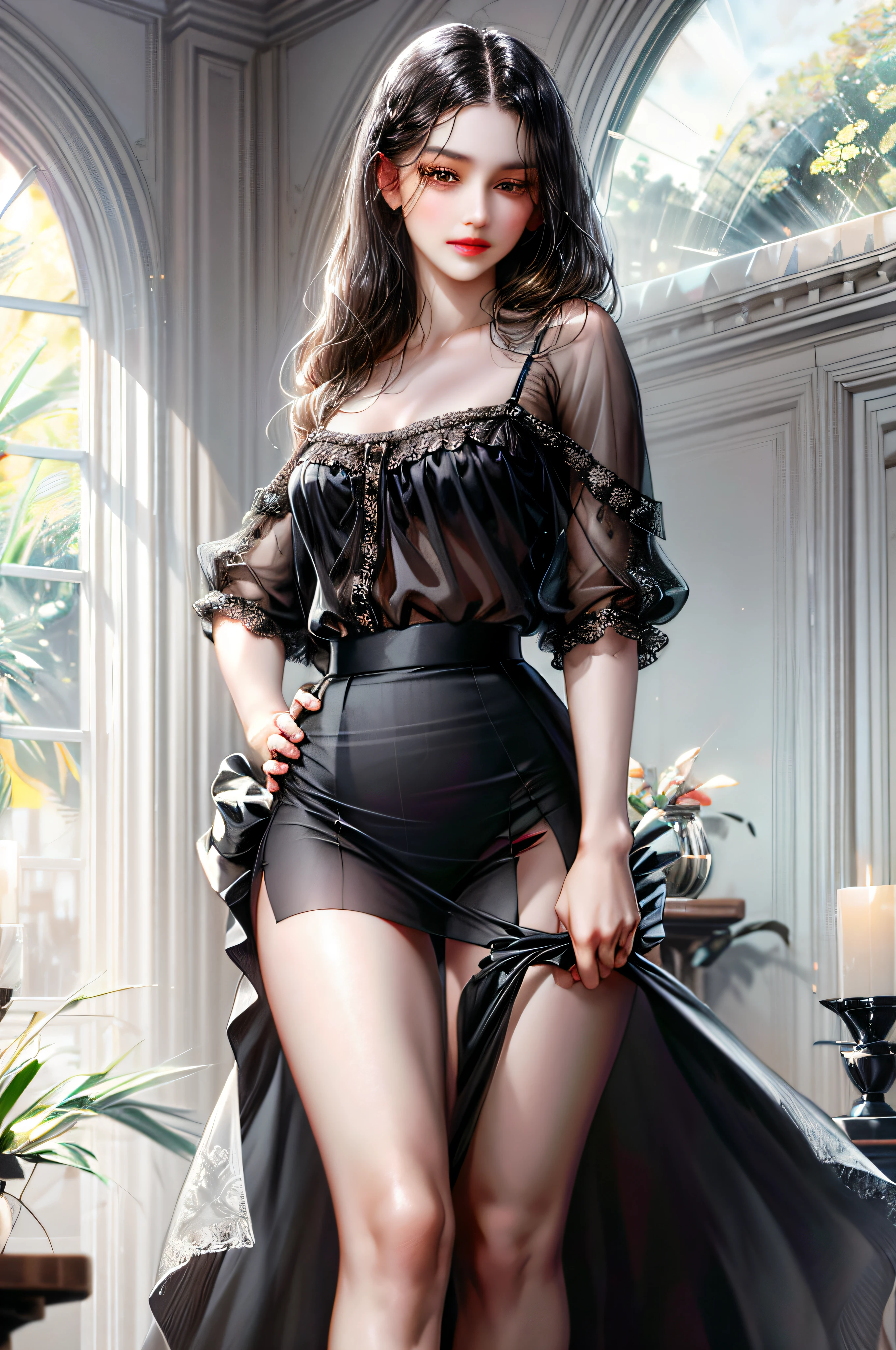 Girl with long straight black hair and brown eyes, beautiful, thin, flat, tall, wearing a businessman's uniform, (black sheer blouse, black sheer slit skirt, white underwear)