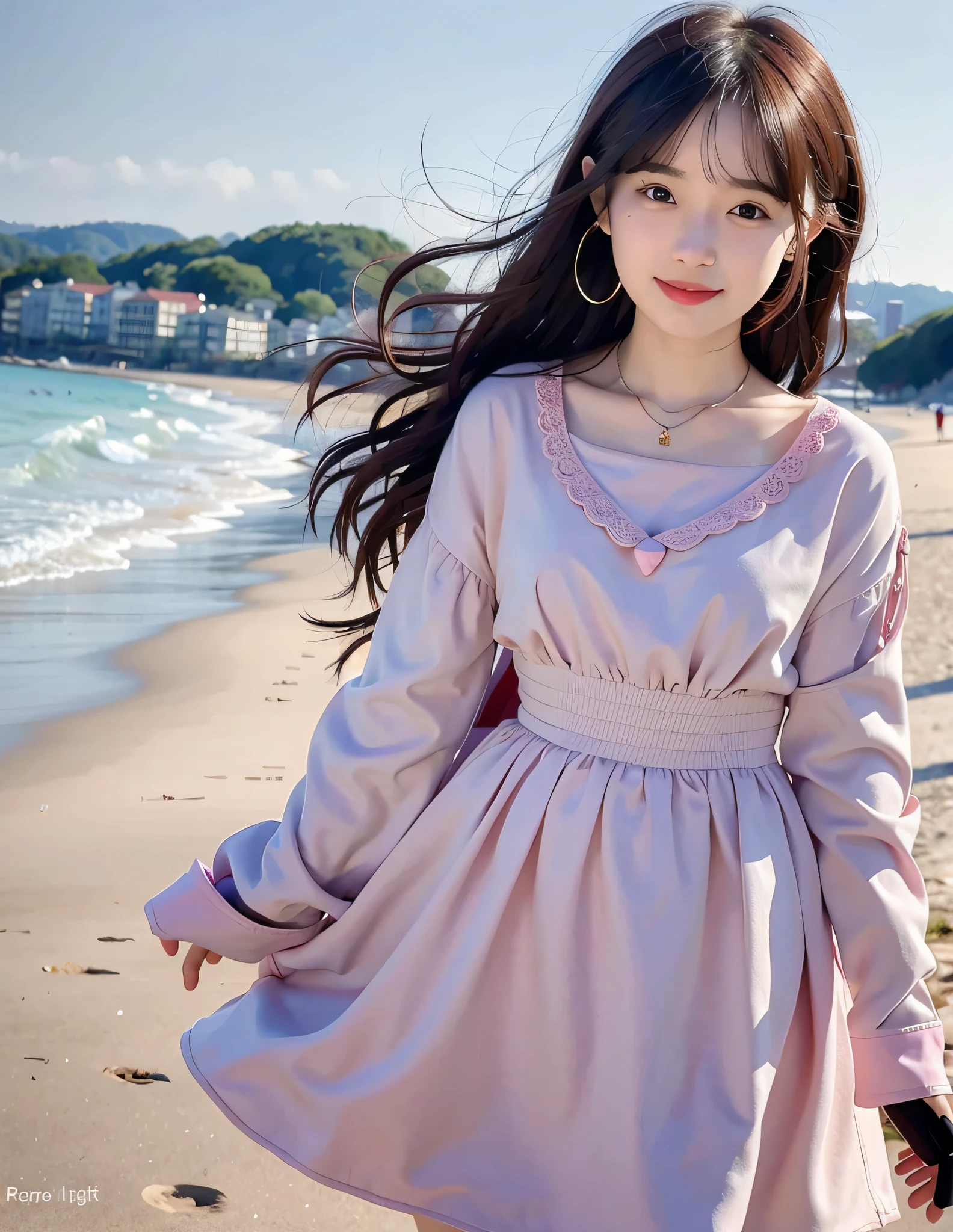 RAW, analog style, delicate, best quality, hyper detail, fine detailed, locate details, colorful, (perfect figure, perfect face), (beautiful 18 years old cute korean girl: 1.3), soft lips, (light eyebrows: 1.4), 1 female, 18 years old, solo focus, skinny, pale skin, soft lips, ( Light eyebrows: 1.4), shiny brown eyes, long black hair, hairpins, medium chest, beautiful and delicate sky, flowing hair, (nose blush), beautiful and delicate eyes, pink-pink dress, smile, best quality, super high resolution, (realism: 1.4), hyperrealism, 1 girl, looking at the audience, smiling, cute, full body, C cup, supple skin, cute charming round face, very detailed, delicate collarbone, pink gemstone necklace, charming figure, colorful girl dress, smile, (beach background, seagulls in the distance, soft sea breeze, playful pose, snap)