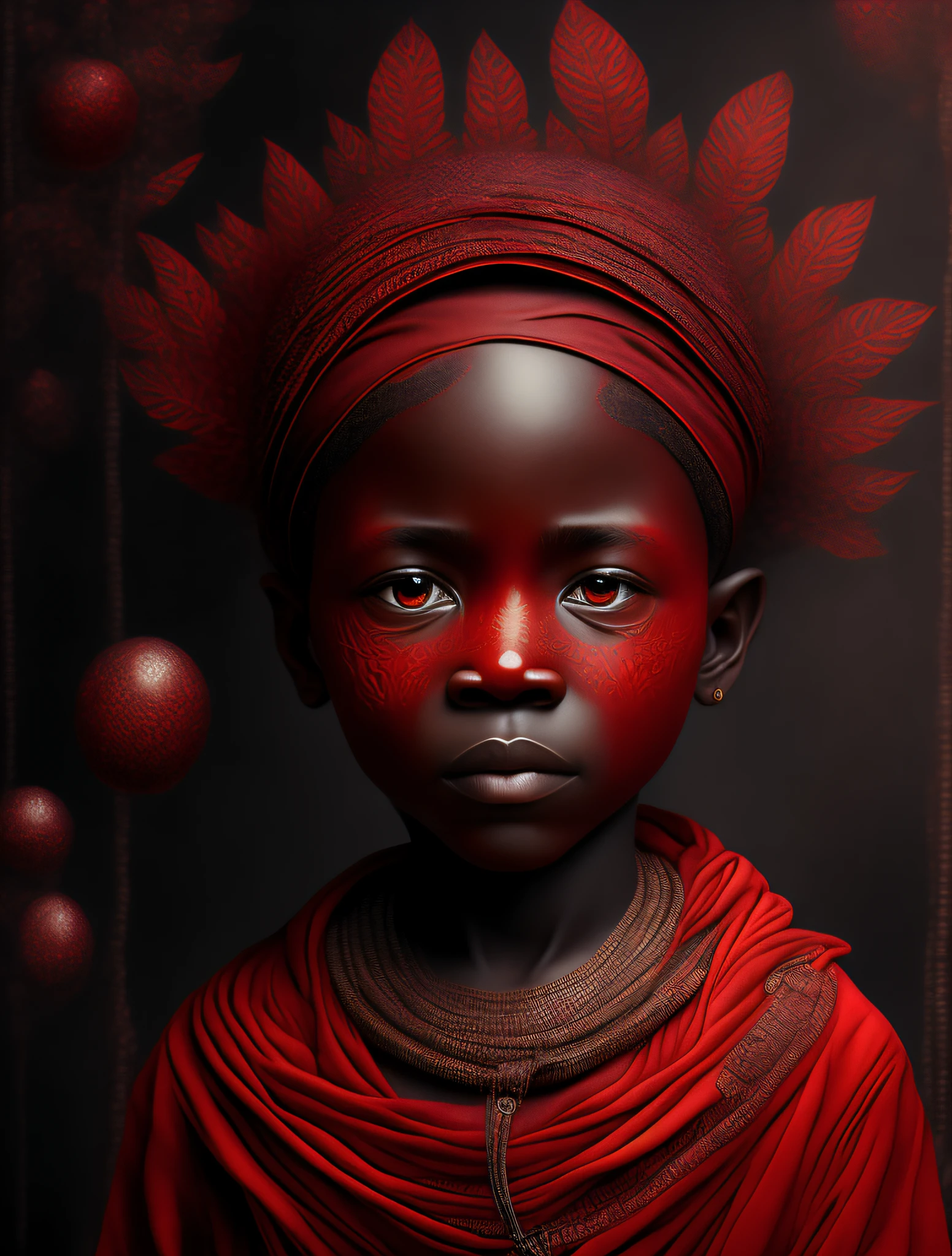 Exu , the African orisha, deity of the harmony of spirits, Yoruba, Yoruba deity, boy's look, ironic boy, sensitive, slight smile, beautiful, props in red and black tones, wearing a detailed and intricate ade, cosmic god, cosmic forest, astrophotography