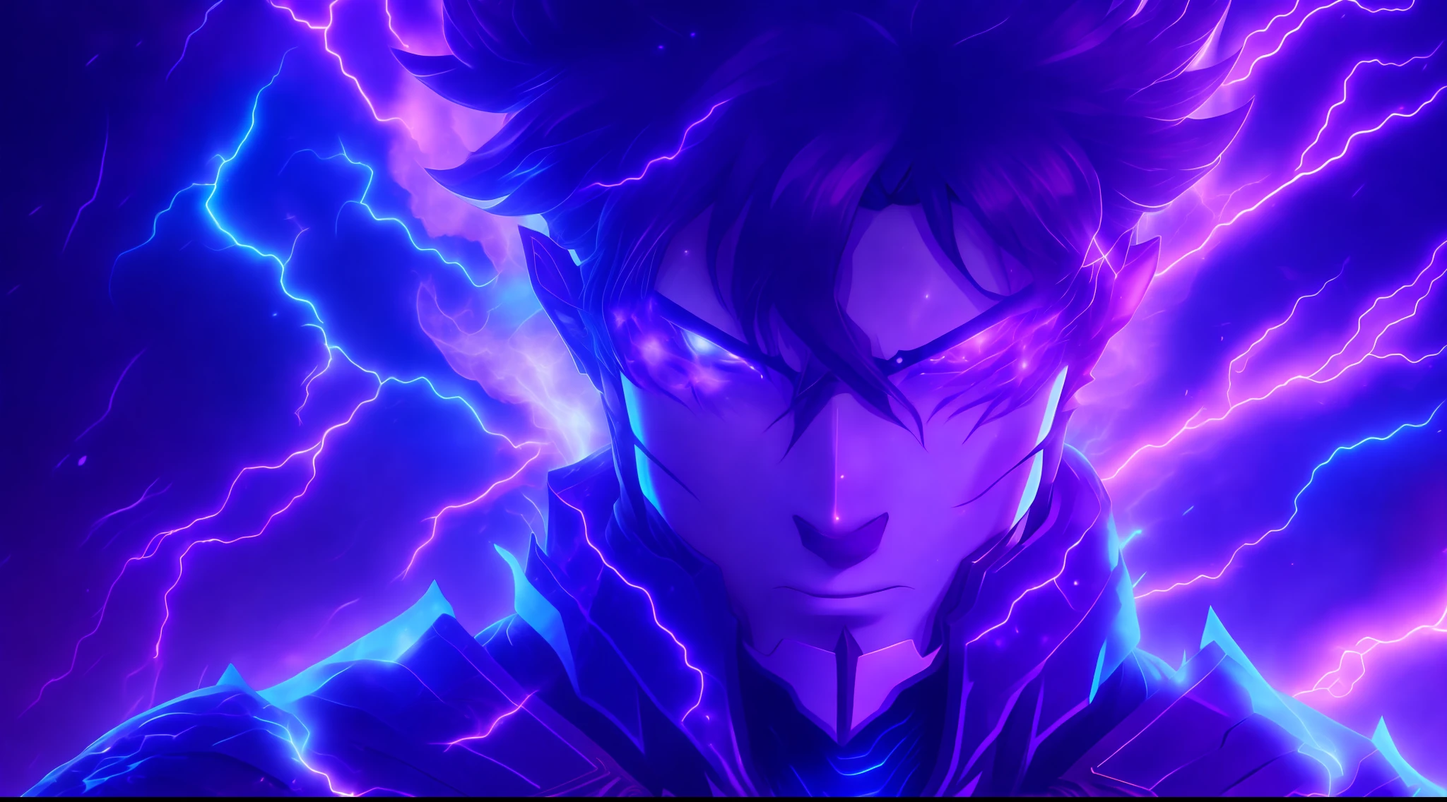 a close-up of a person with a purple and blue background full of lightning, glowing black aura, evil aura, 8k anime, an epic anime of a being with lightning powers, epic anime style, menacing aura, aura of darkness, evolving into his final form, glowing power aura, cosmic power glowing and flourishing, many lightning bolts surrounding the character