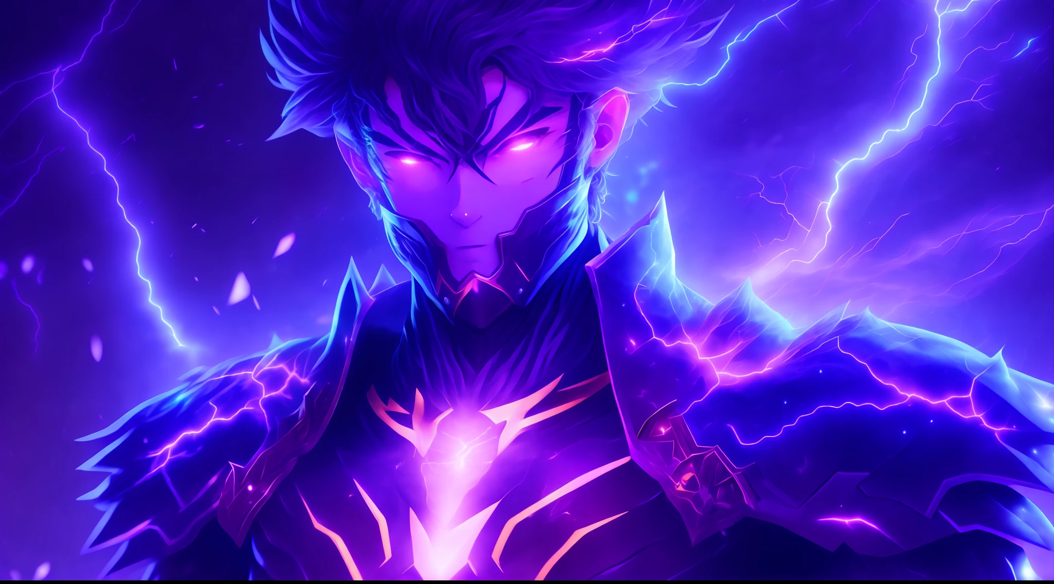 a close-up of a person with a purple and blue background full of lightning, glowing black aura, evil aura, 8k anime, an epic anime of a being with lightning powers, epic anime style, menacing aura, aura of darkness, evolving into his final form, glowing power aura, cosmic power glowing and flourishing, many lightning bolts surrounding the character