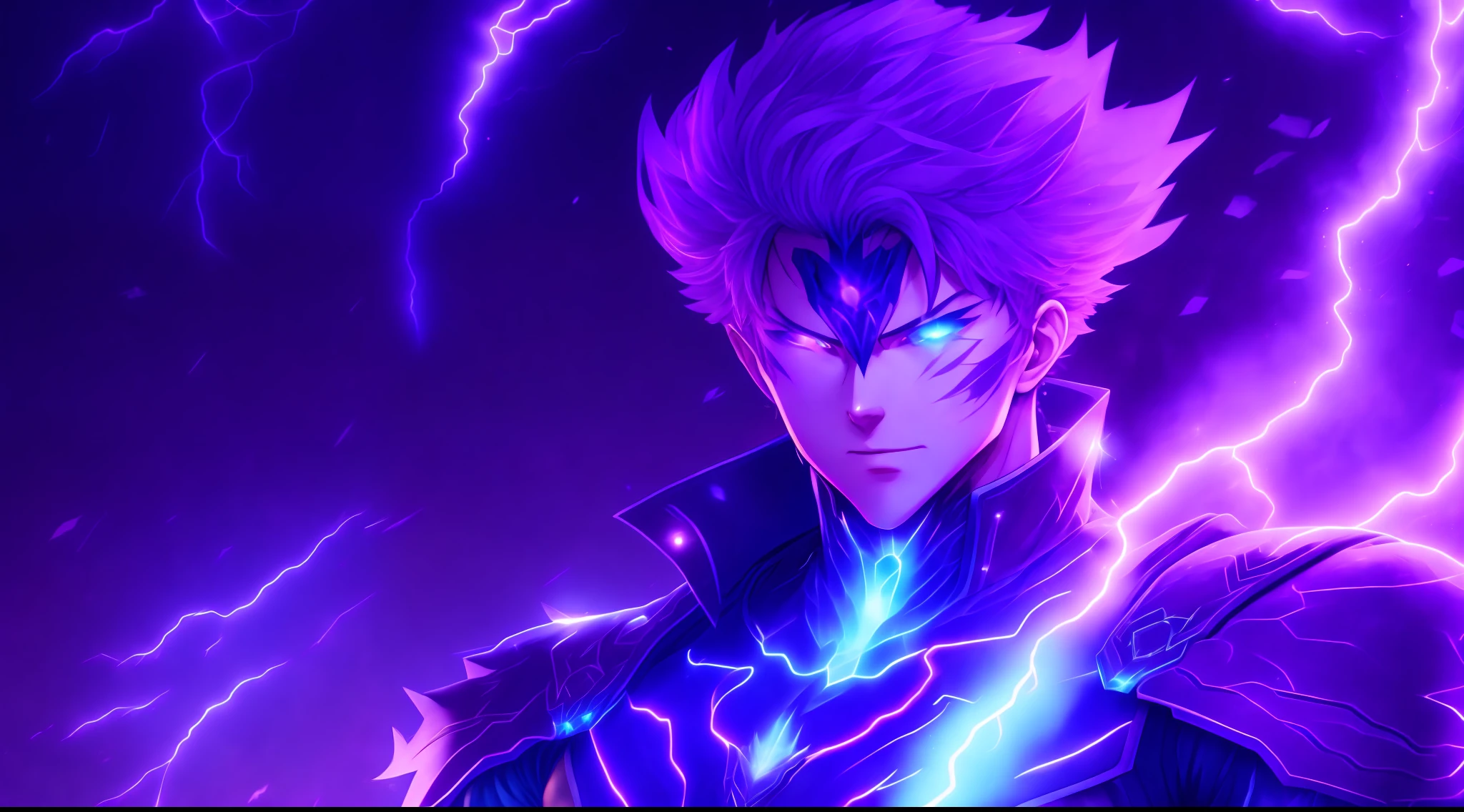 a close-up of a person with a purple and blue background full of lightning, glowing black aura, evil aura, 8k anime, an epic anime of a being with lightning powers, epic anime style, menacing aura, aura of darkness, evolving into his final form, glowing power aura, cosmic power glowing and flourishing, many lightning bolts surrounding the character