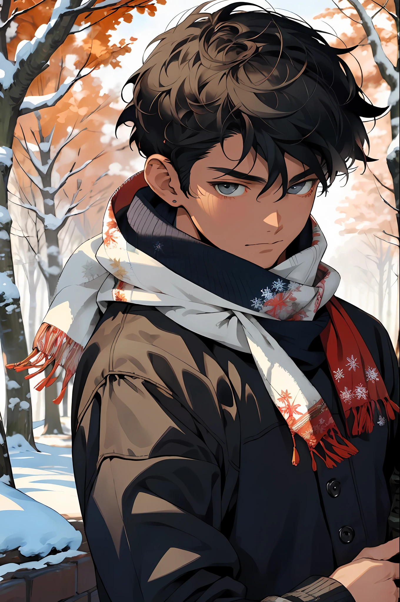 Realistic, (masterpiece, top quality, best quality, official art), very detailed, colorful, most detailed, gods, short hair, black hair, handsome men, snowflakes, scarves, snowfields