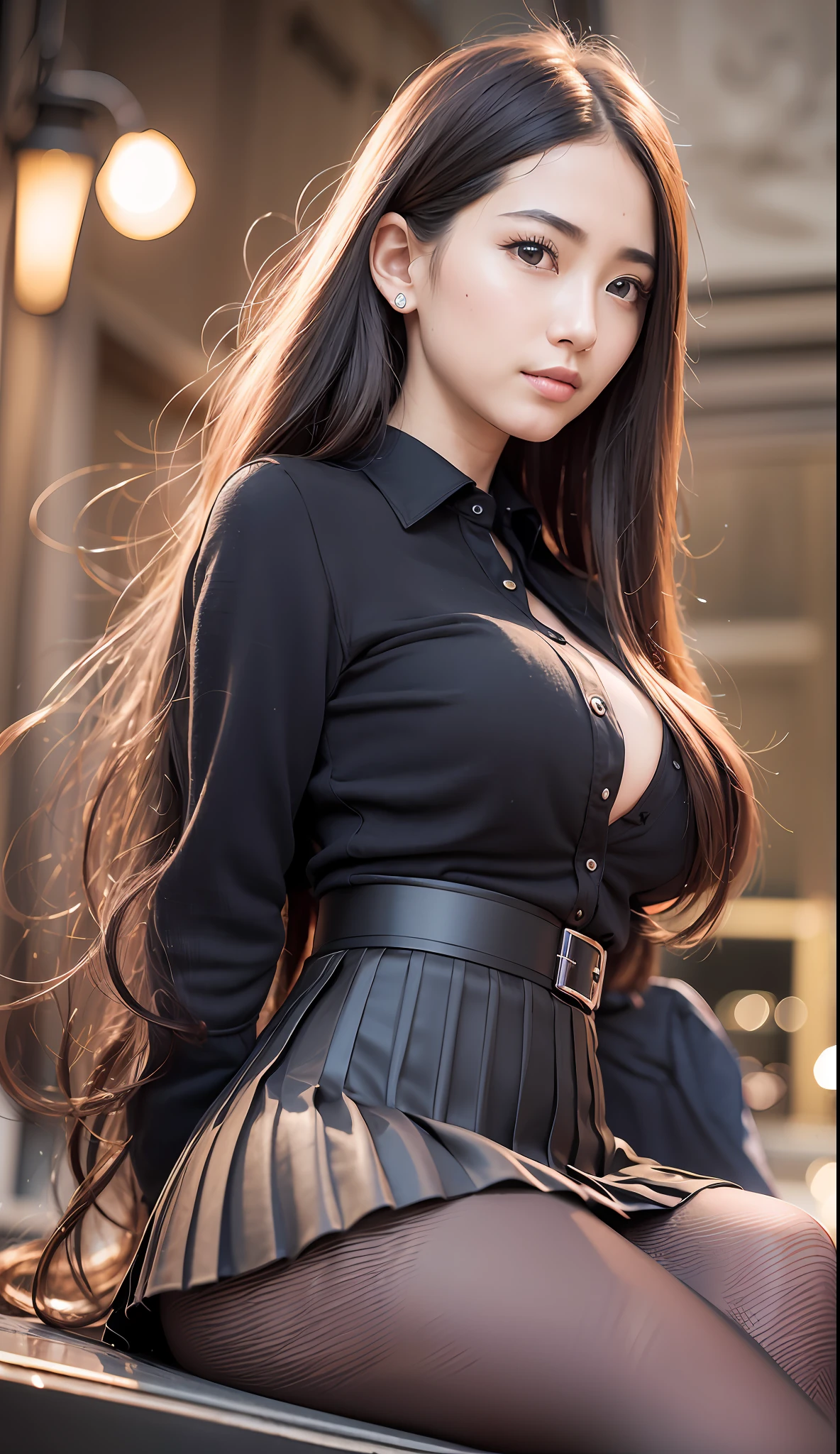 (8k, RAW photo, best quality, masterpiece:1.2), (realistic, photo-realistic:1.37), ultra-detailed,
1 girl, solo,beautiful detailed sky,detailed cafe,night,sitting,dating,(nose blush),(smile:1.1),(closed mouth),huge breasts, seductive, smile, large aparture, professional lighting, Sony A7R4, Zessie 50mm F1.8,
beautiful detailed eyes,(black collared shirt:1.1),pleated skirt,(long hair hair:1.2), 30-years-old, (mature women), dynamic pose, floating hair, --s2