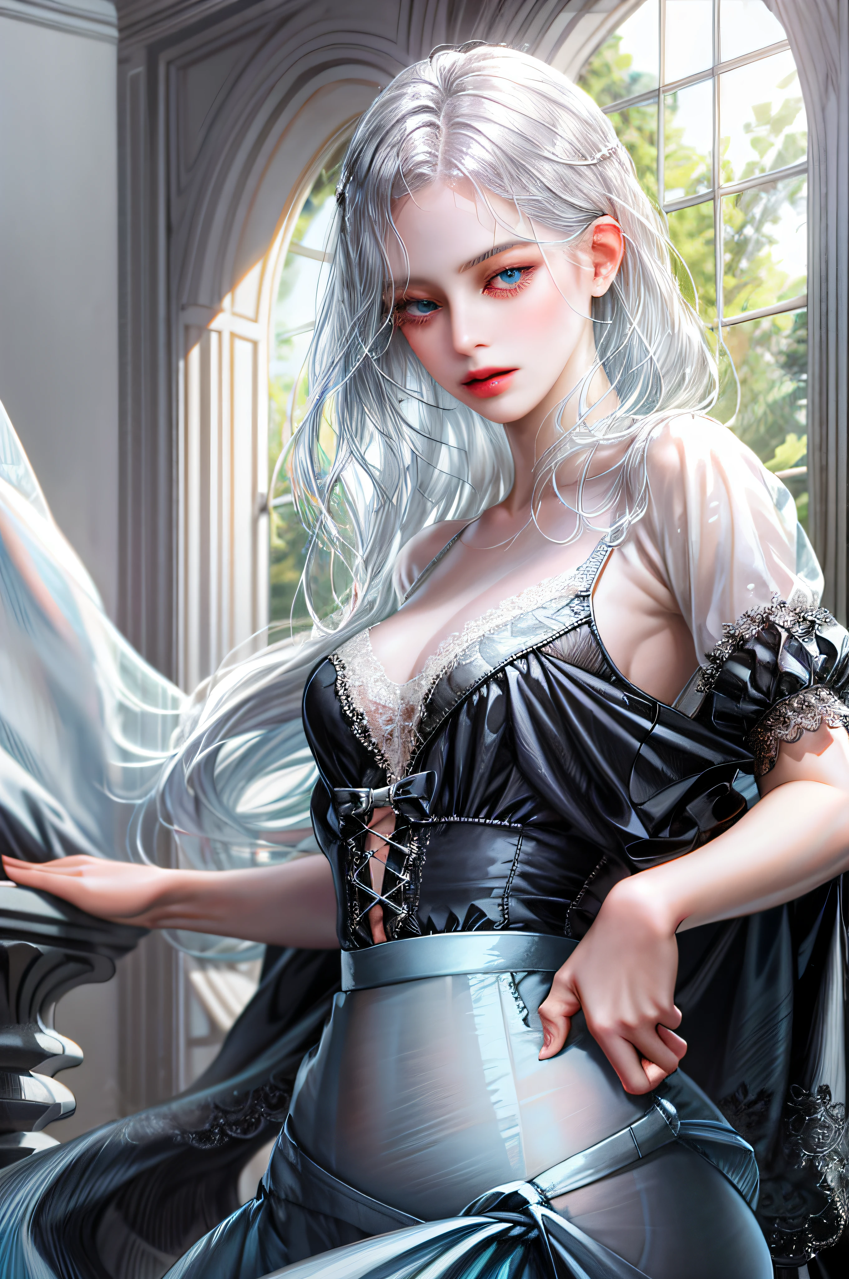 One creates a girl with blue eyes, beautiful, thin, flat, and may be wearing a businesswoman's uniform, with straight silver hair, ((white sheer blouse front opening, white sheer slit mini flared skirt)), ((black lace underwear), bite in)), sexy pose, lower body slender, behind the woman there are windows showing various buildings in the city (absurdity, High Resolution, Super Detail), Carrier Woman