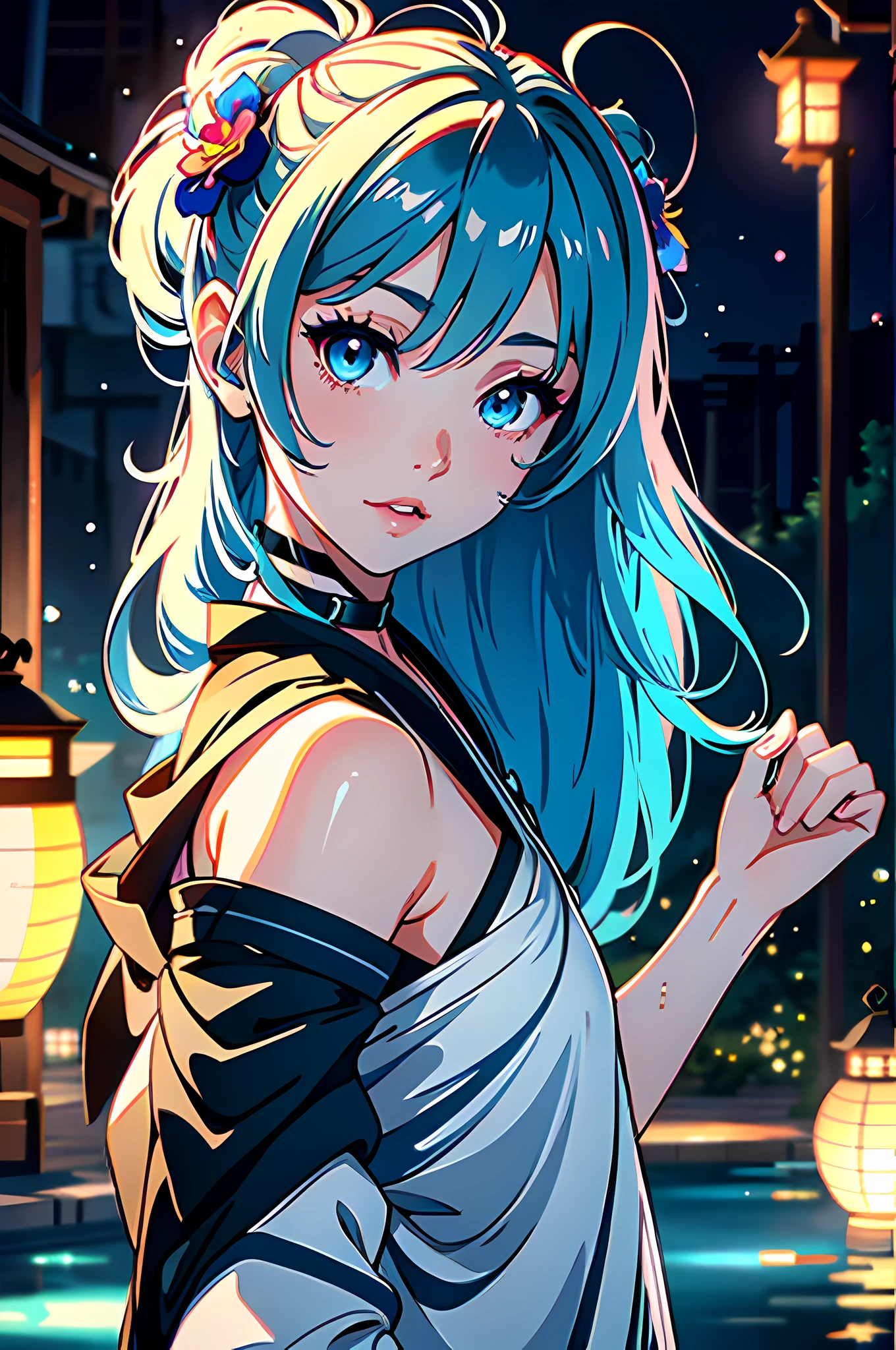 1girl, breasts, moon, lantern, night, solo, large breasts, hair ornament, wet, kimono, japanese clothes, wading, water, hair flower, flower, outdoors, sky, full moon, rain, black hair, off shoulder, mountain, cloud, holding, sash, bare shoulders, paper lantern, standing, white kimono, night sky, sideboob, obi, wet clothes, bangs, tree, from side, reflection, short hair, cloudy sky, wet hair (((masterpiece),(extremely detailed CG unity 8k wallpaper),best quality,,solo,1girl,cinematic lighting,detailed background,beautiful detailed eyes,bright pupils, (an extremely delicate and beautiful),(Beautiful and detailed eye description), ultra-detailed,masterpiece,)), anime girl with blue eyes and iridescent hair with a choker, detailed digital anime art, digital anime illustration, digital anime art, advanced digital anime art, anime styled digital art, portrait anime space cadet girl, detailed portrait of anime girl, anime fantasy illustration, anime style 4 k, stunning anime face portrait, anime girl with cosmic hair, smooth anime cg art, portrait anime girl, (8k, 4k, best quality, highres, ultra high res:1.1), (masterpiece), 1girl, face, close-up, twintails, iridescent hair, blue eyes, full lips, (looking at viewer:2), absurdly long hair, long eyelashes, eyeshadow, small face, big eyes, bare shoulders, high contrast, ethereal, whimsical, galaxy background, cosmic girl, pastel colors