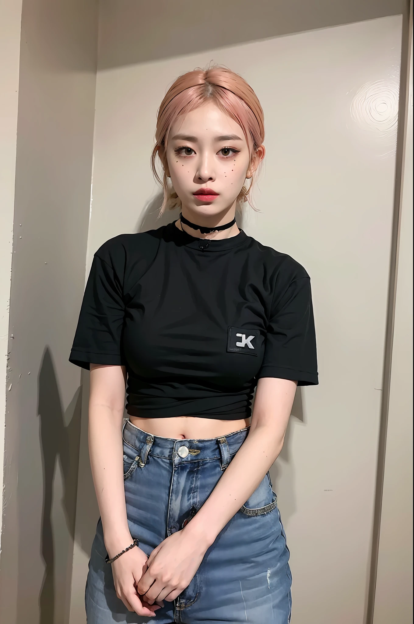 (8k:1.27), best quality, masterpiece, ultra highres:1.2), arrested lesbian goth delinquent girl with arm tattoos, tattooed girl, full body picture, orange oversized knotted prisoner t-shirt with black letters, short big sleeves, orange inmate prison uniform, dyed pink hair, dyed blonde hair, short bob hairstyle, hair pulled back, in a prison cell, handcuffed, hands tied with rope, submissive neck choker, 4k or 8k picture, looking sad, paisley bandana ribbon hairband, nose septum piercing, wearing dirty old clothes