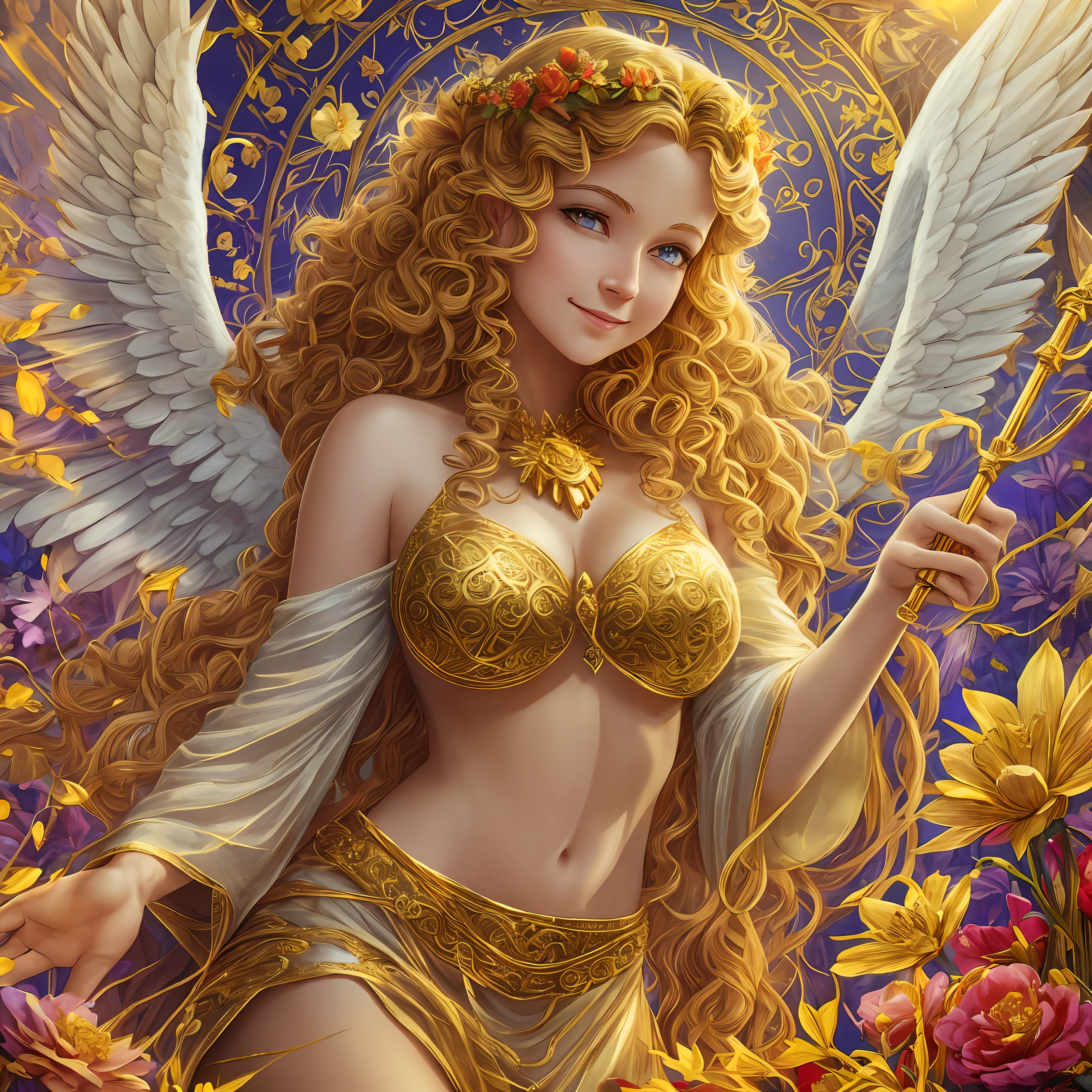 Imagine a gracious female angel with realistic woman smiling face, curly blond hair, eyes with red iris, a gold arc on the top her head shining golden rays around the environment. In one of her hands there's a golden scepter with a large rubi on the top and the environment is a bloom garden where she is. --auto --s2