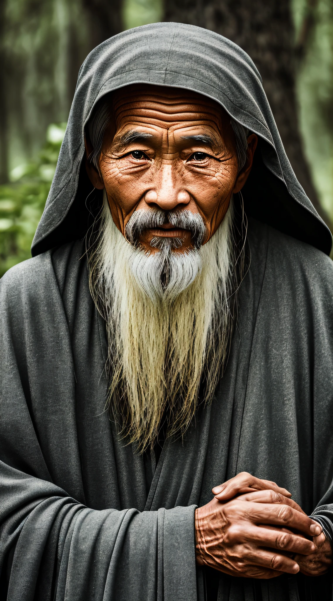 Portrait photography style, world masterpiece, super unique high professional digital art, film format, hyper-realism, color film photography with ultra-fine details and quality, background is deep in the forest, an old man in rural China, an old man with wisdom. One life. The mentor wears an old cloak and his eyes are kind and shrewd. His skin has been blackened and powerful by the sun and rain, and the wrinkles are fixed on the corners of his mouth and forehead, making it seem that his years have precipitated. Although wearing a dark gown, although simple in appearance, it exudes sublime wisdom and a sense of tenacity of strength.