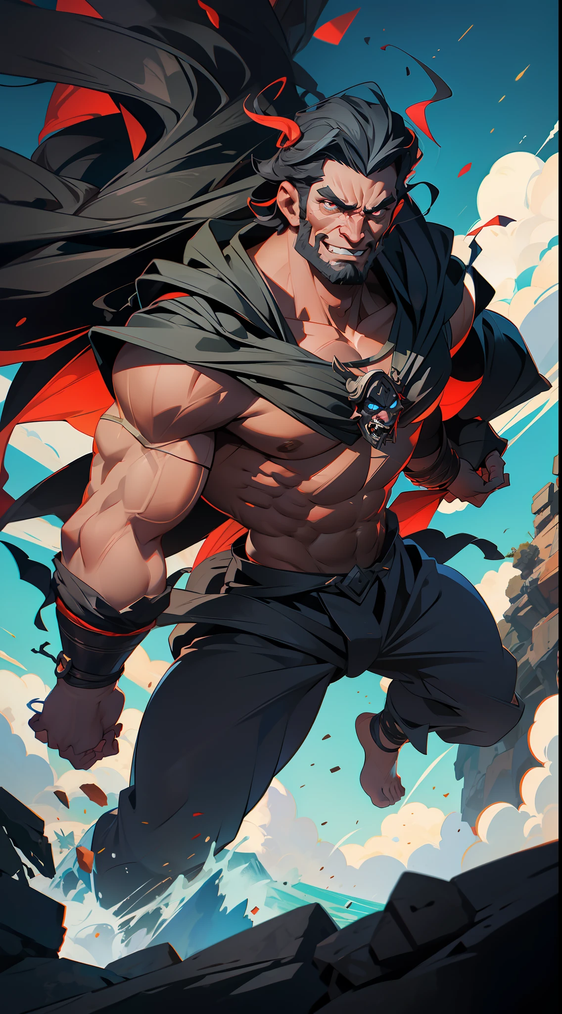 god Hades raging, very muscular body, super strong, ready for combat, in the background the Mount Olympus