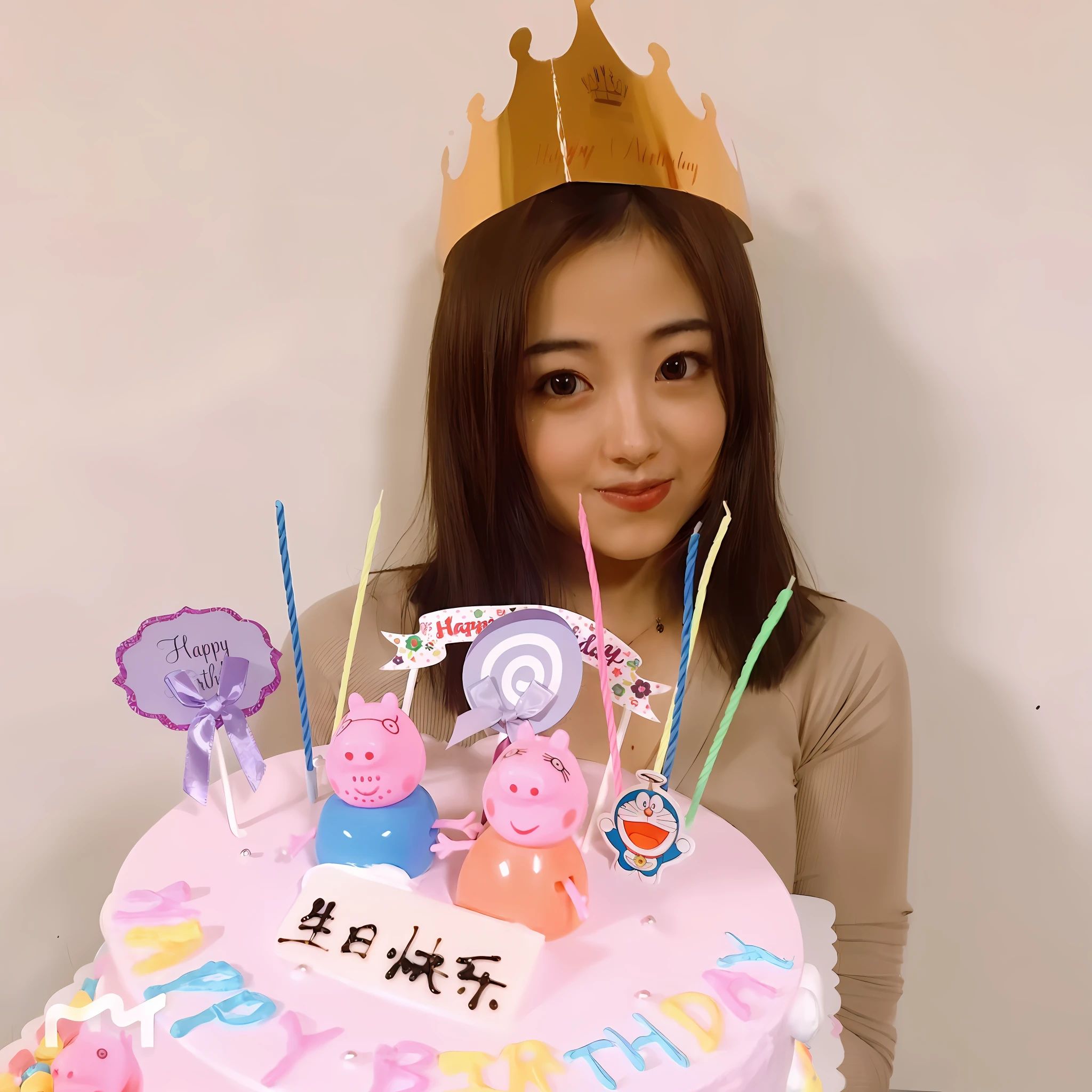 araffe with a crown on her head holding a birthday cake, tzuyu from twice, happy birthday, happy!!!, holding a birthday cake, she is about 2 5 years , birthday cake, she is 2 3, cake, omg, with crown, wearing a paper crown, she is about 20 years old, she is about 3 0 years old