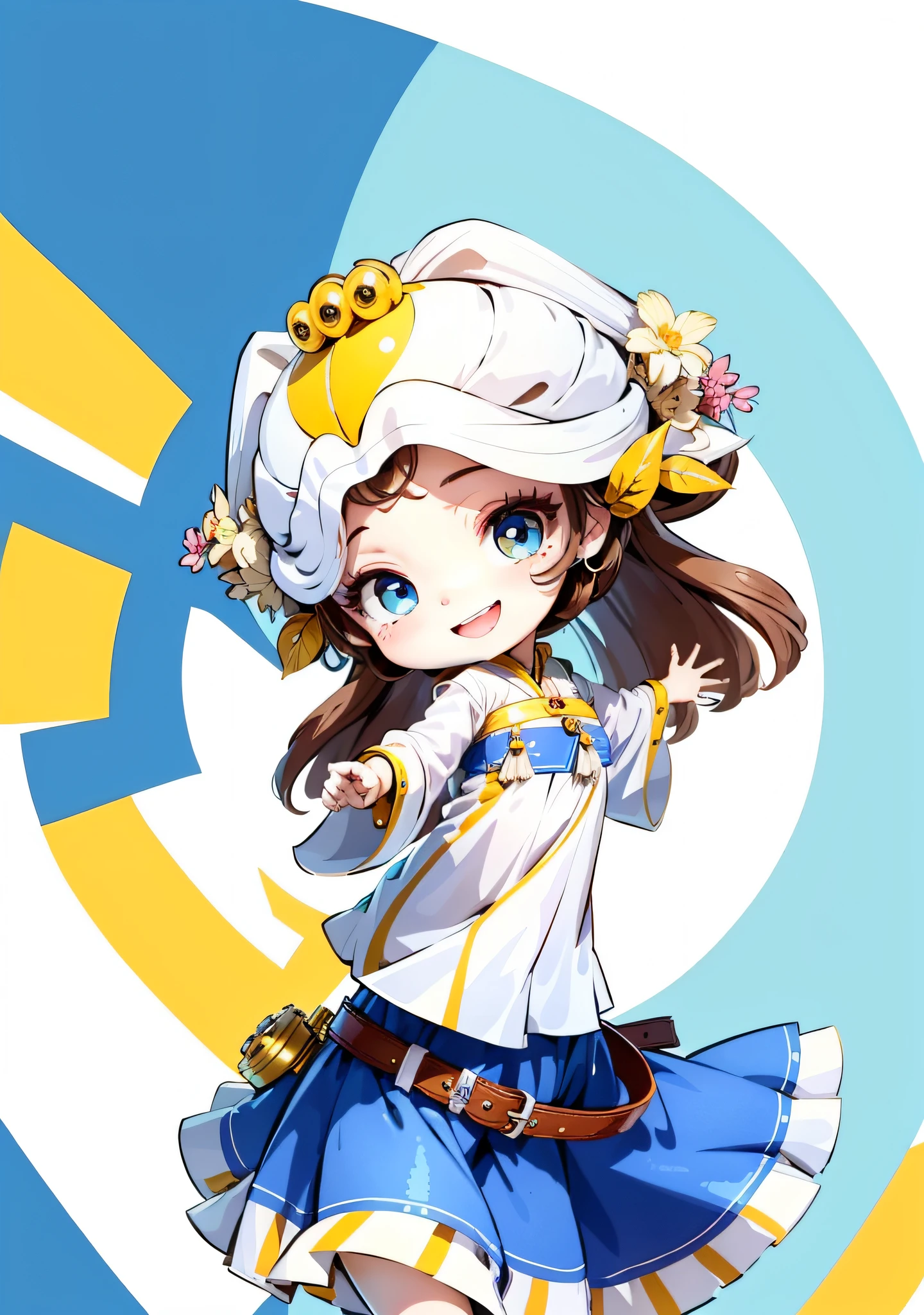 A cute cartoon girl, she is laughing heartily, the headdress is white, the belt is yellow, the clothes are white and yellow, the hair is dark brown, dancing, the eyes are blue, the eyes are shining, the background is blank, the line art