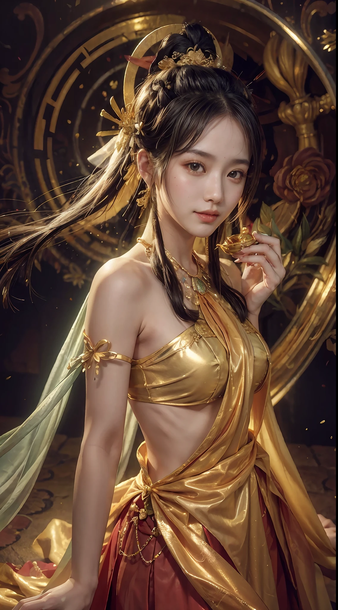 (RAW Photo, Best Quality), (Realistic, Photo Realistic: 1.3), Best Quality, Highly Detailed, Masterpiece, Ultra Detailed, Illustration, 1 Girl, upper_body, Dynamic Angle, World Mastery Theater, messy_long_hair, Best Quality, Extremely Detailed CG Unified 8k Wallpaper, Ink, Amazing, Cinematic Lighting, lens_flare, dunhuang_style, Beautiful Rendering of the Tang Dynasty, (Smile: 1.5), (Holy Light), In the Grotto, Floating, Sony Master Shot, Bustle, Gold Leaf, Flower, Looking at the Audience