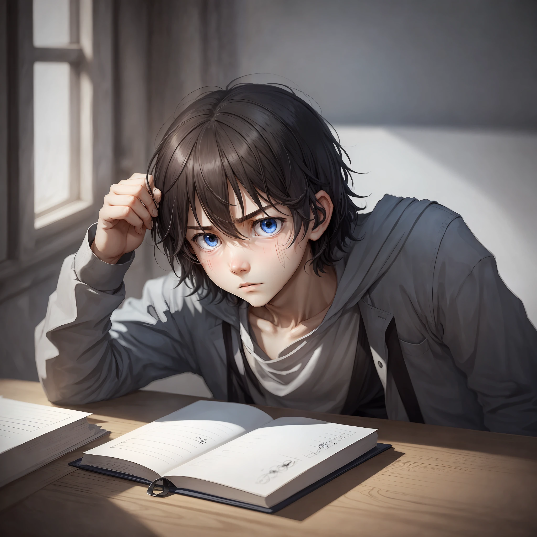 Face without emotions as I will tell a story of psychopathic boy I will make the first images of him child type writing in a diary and as the story goes on he grows