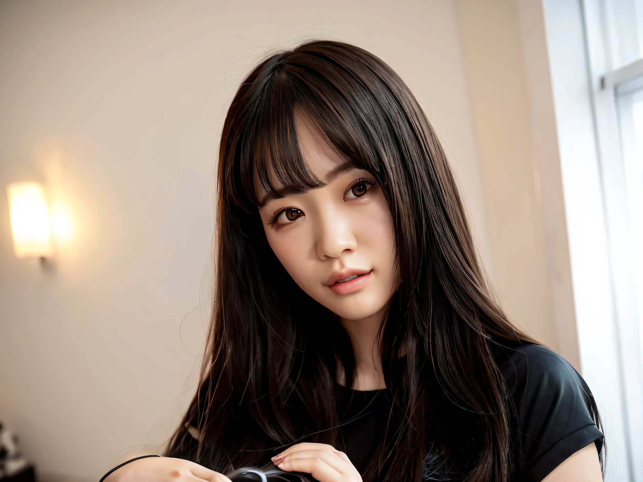 there is a woman that is brushing her hair with a brush, guweiz, artwork in the style of guweiz, realistic. cheng yi, photorealistic!!!!!!! art style, realistic picture, she is facing the camera, 8k portrait render, portrait of jossi of blackpink, blackpink jennie, 19-year-old girl, jaeyeon nam