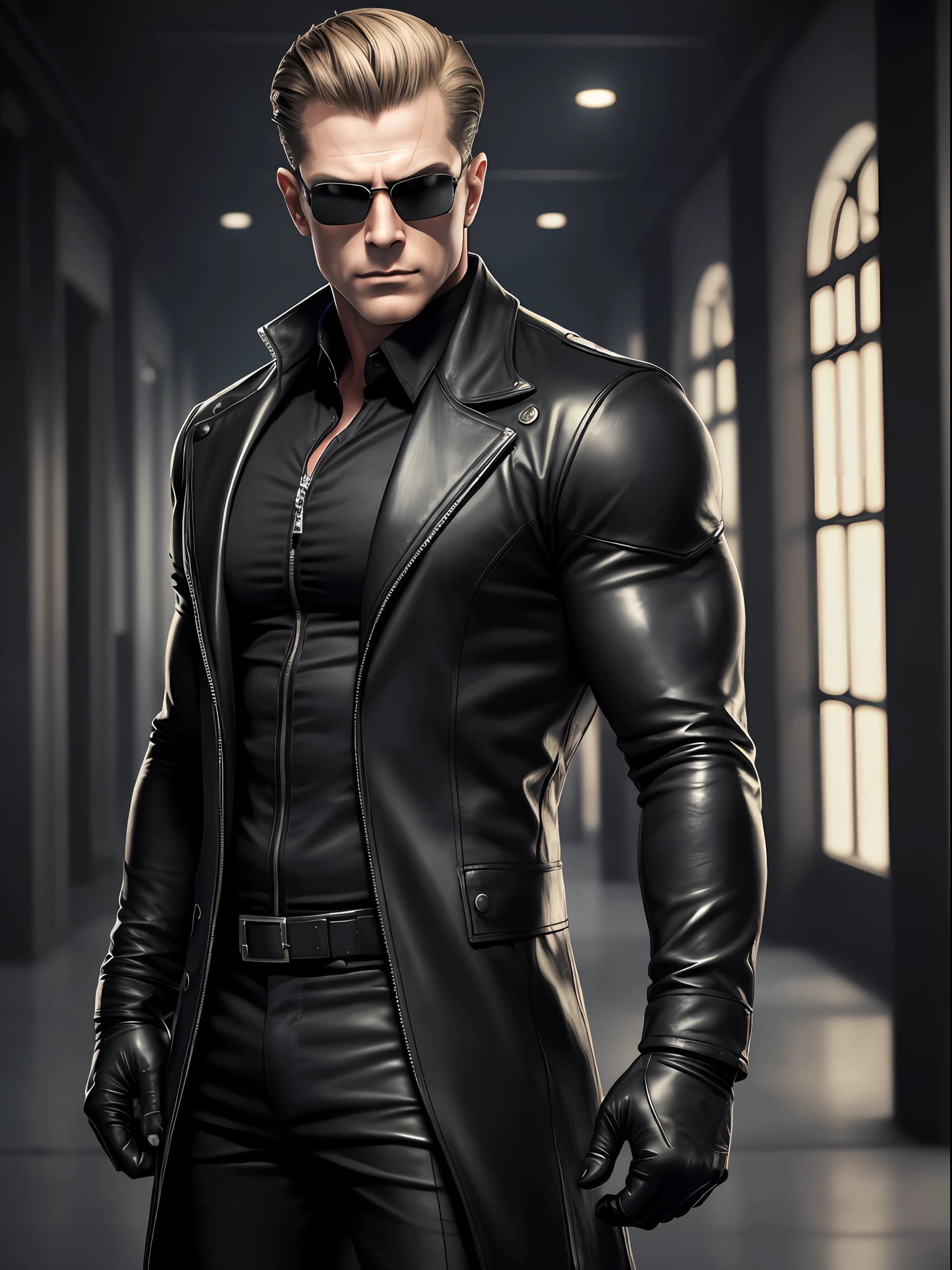 Albert Wesker from Resident Evil 5, 48 year old, tall, hunk, cut and lean muscle, wide body, square line face, wearing small black shades, thin dirty blond hair, slicked back hairstyle, tidy hair, cold face expression, viewer looking, black long (to the foot) coat, black zipped clothes, red eyes and glowing eyes, menacing pose, black gloves, best quality, masterpiece, high resolution:1.2, flat style, upper body shot, dark corridor in the background, center focus