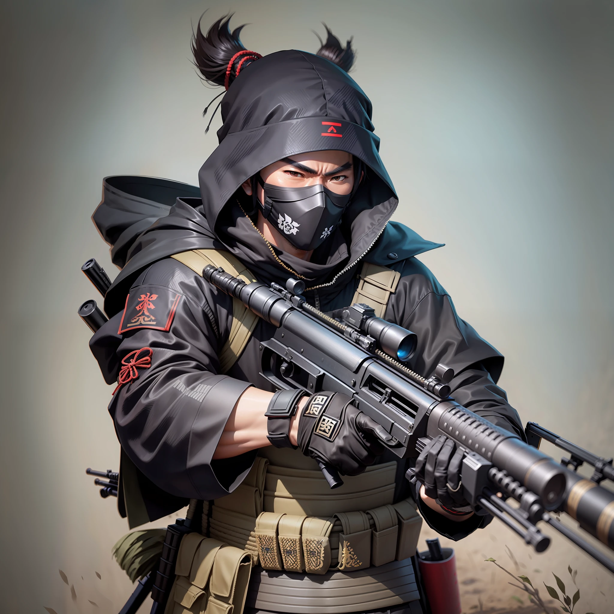 Samurai sniper with rifle wearing black mask