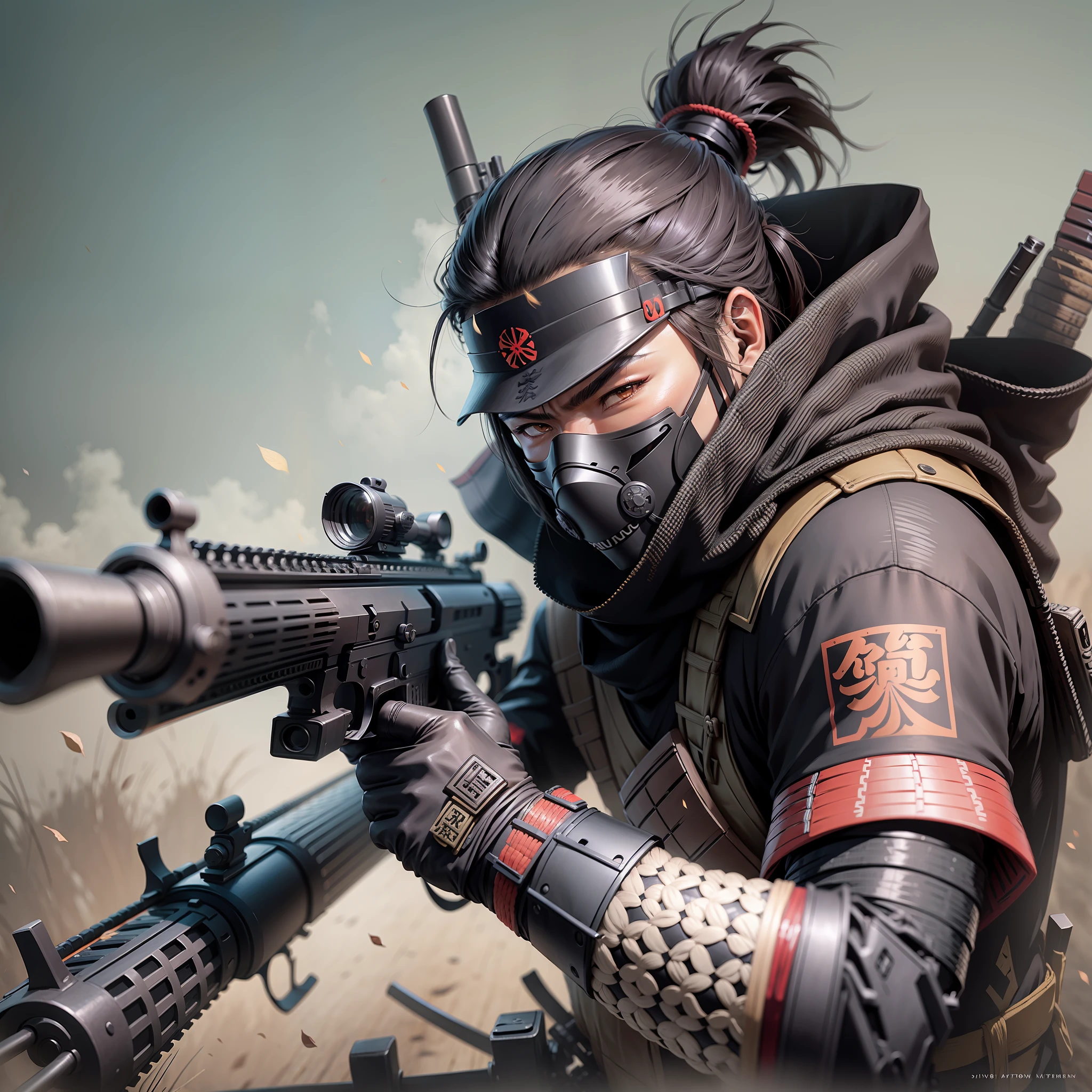 Samurai sniper with rifle wearing black mask