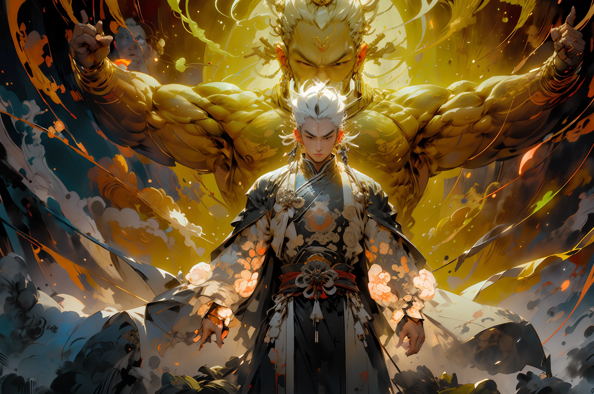 (Masterpiece: 1.2), Best Quality, PIXIV, Taoist, Solo, (A Man), Strong and Muscular, White Hair, Standing in front of a blond glowing Taoist Buddha statue, transparent Buddha statue, looking at the audience, hands folded, serious expression,