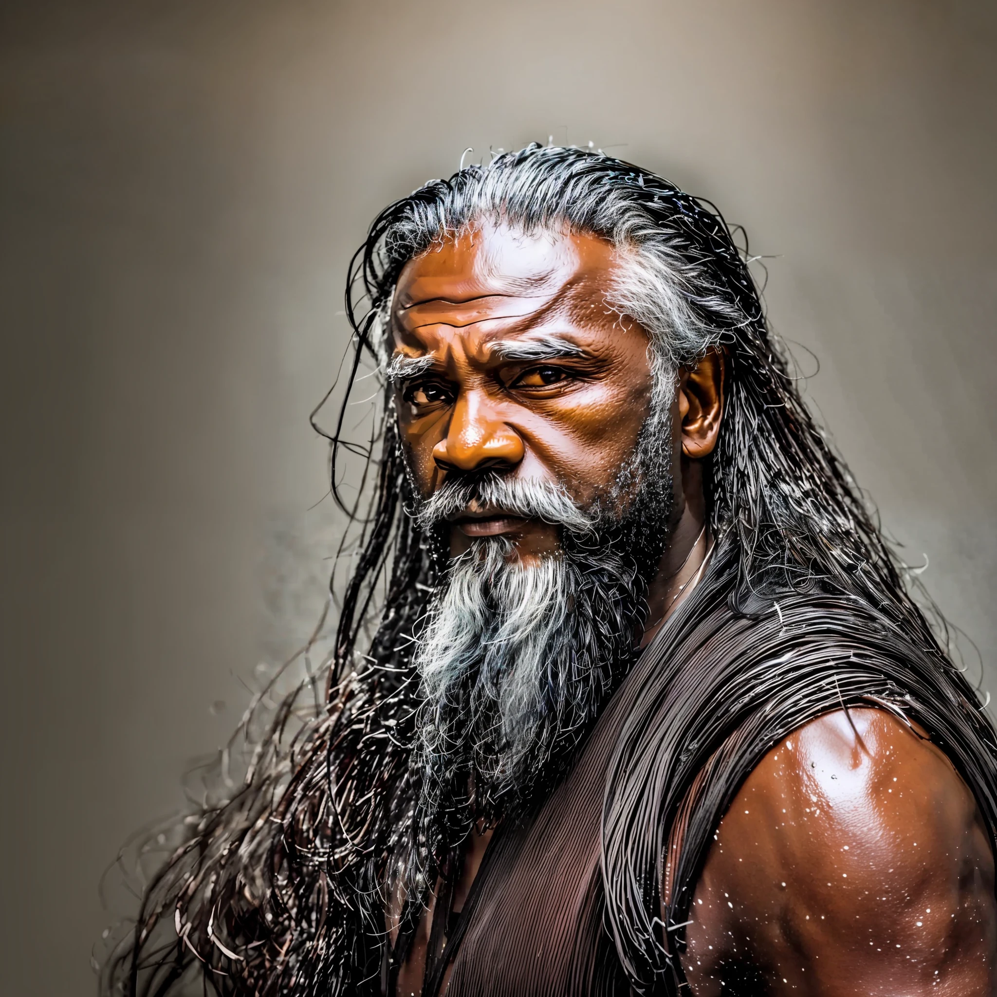 create an image based on the character Byamba, from the TV series Marco Polo, Played by actor Uli Latukefu. The character must have the appearance of a 54-year-old, relatively long hair and black beard. 8k, uhd, severe low lighting, high quality, sharp focus, fujifilm XT3 --auto --s2