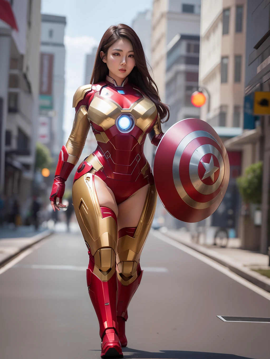 Ultra realistic 8k full_body curvy Asian woman wearing the iron man's armor front with large breasts and large thighs with the ark reactor between the breasts with opening to the large breasts walking down the street