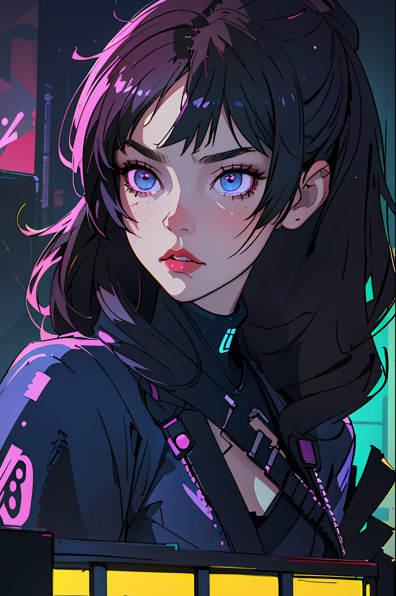 (best quality, masterpiece1.2), (detailed eye:1.2), complex detail, depth of field, 1girl, city, cyberpunk, neon, neon lights, night, moon,