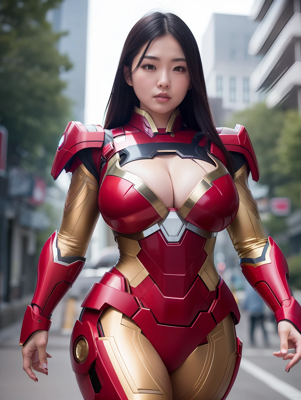 Ultra realistic 8k full_body curvy Asian woman wearing the iron man's armor front with large breasts and large thighs with the ark reactor between the breasts with opening to the large breasts walking down the street