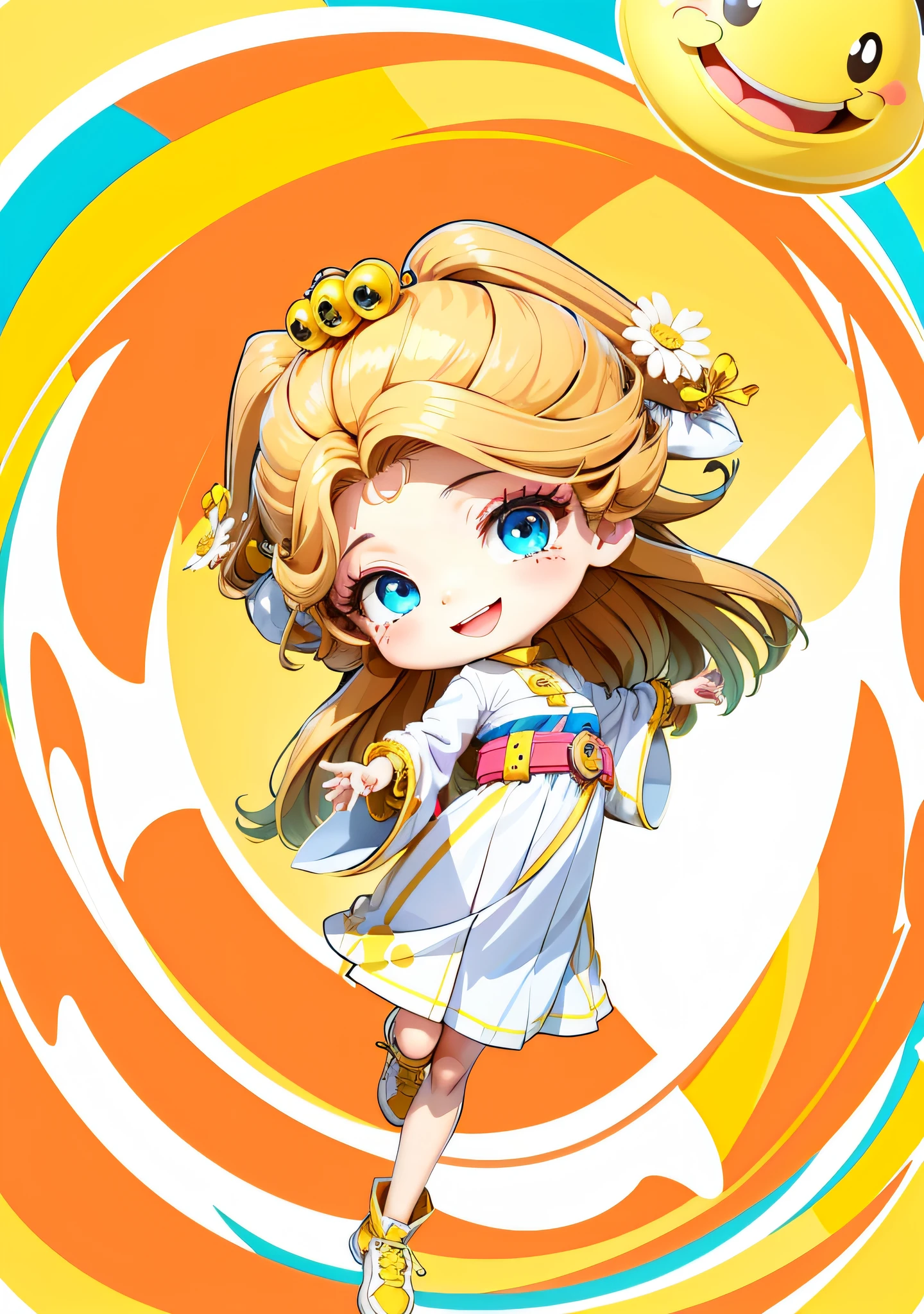 A cute cartoon girl, she is laughing heartily, the belt is yellow, the clothes are white and yellow, the hair is dark brown, dancing, the eyes are blue, the eyes are shining, the background is blank, the line art