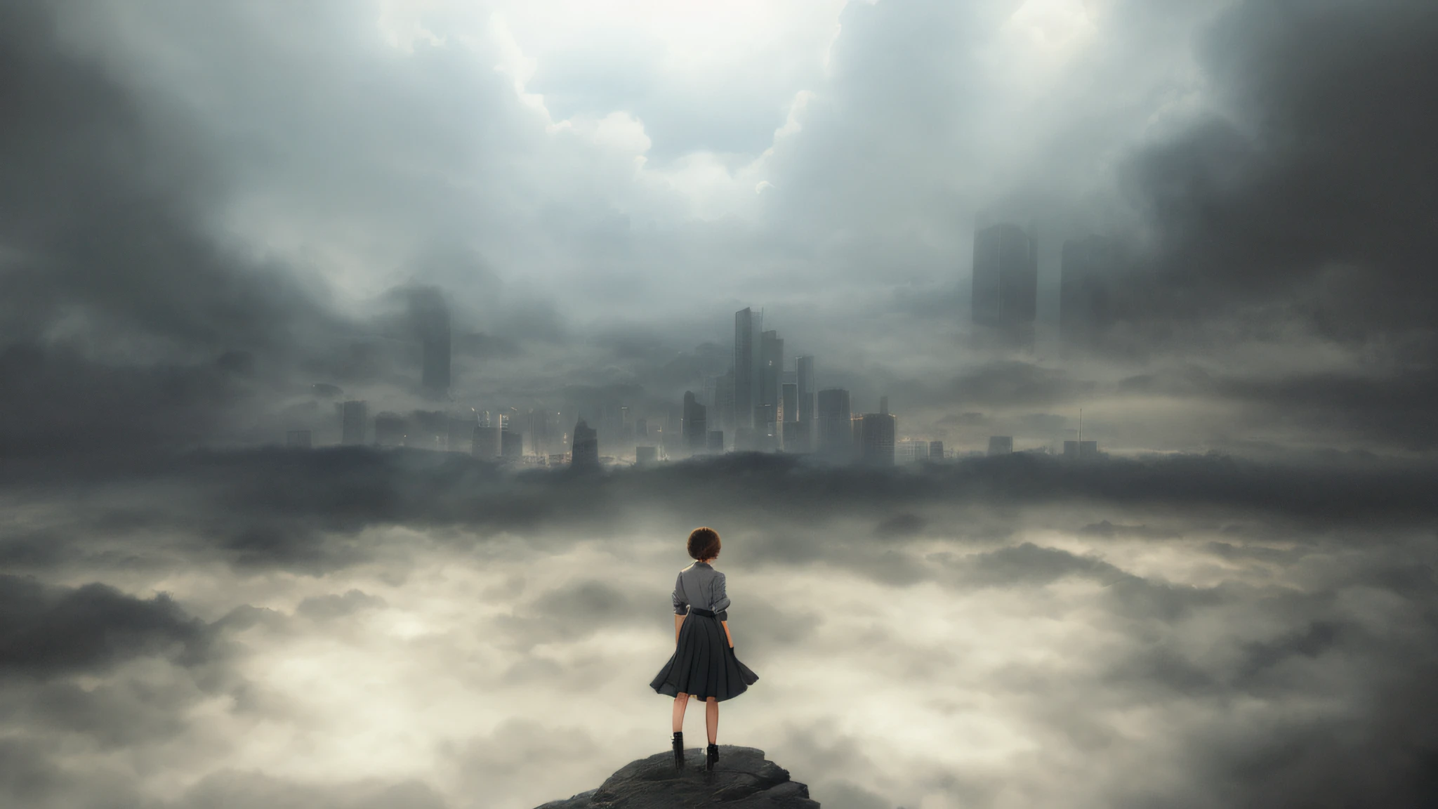 fantasy city, city in clouds, foggy dystopian world, sci-fi cityscape, city in clouds, city looming on the city, matte painting portrait shot, behind clouds and corrupt city, looking out over the city, soft focus matte painting, looking out over the city, young woman back view, brown short hair, gray shirt, gray long skirt, black pumps.