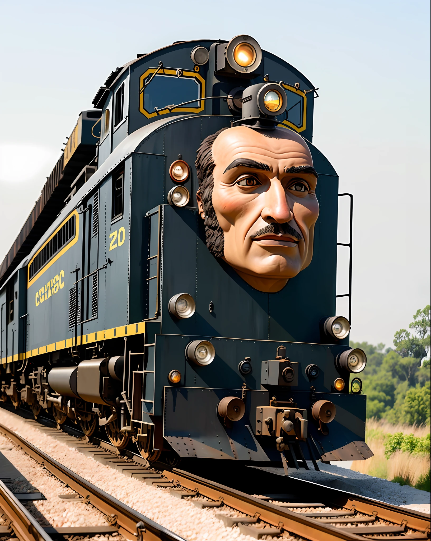 a locomotive with a human face, photo realistic