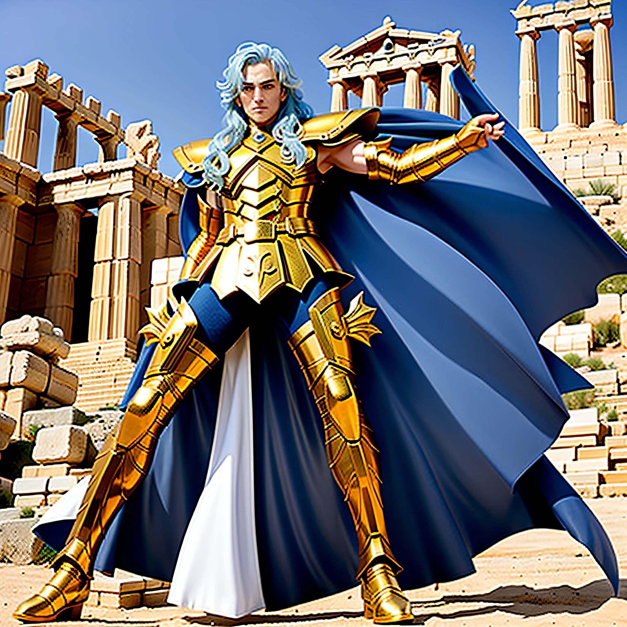 masterpiece, best quality, masterpiece, detailed face, detailed eyes, full body, Henry Cavil wearing golden armor of fish, ruins of the Greek temple in the desert, attack pose, cape, man, long hair, light blue hair,