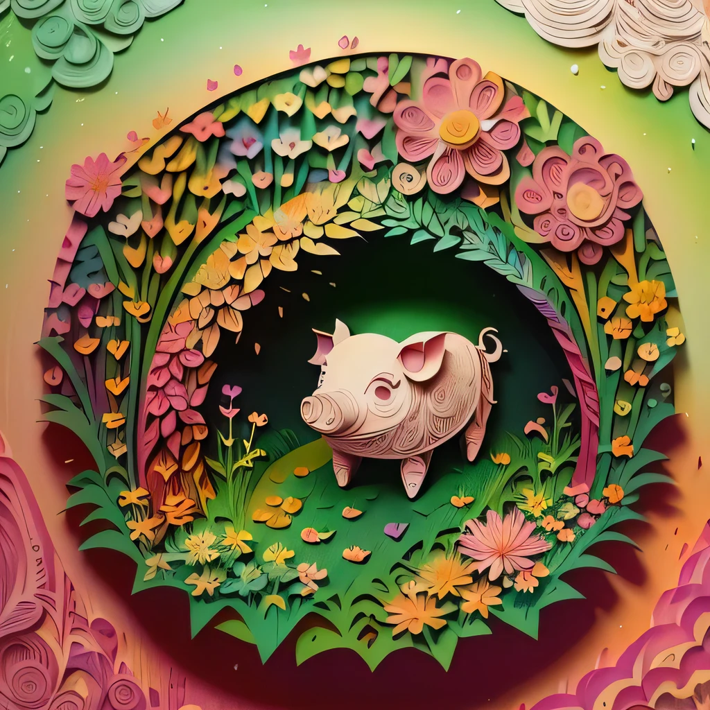 (paper-cut art painting,no-frame,no-mask:1.2),a cute happy pig playing in the colorful garden,grasses and flowers,gradient green colorful,depth of field,Sony FDR-AX60,