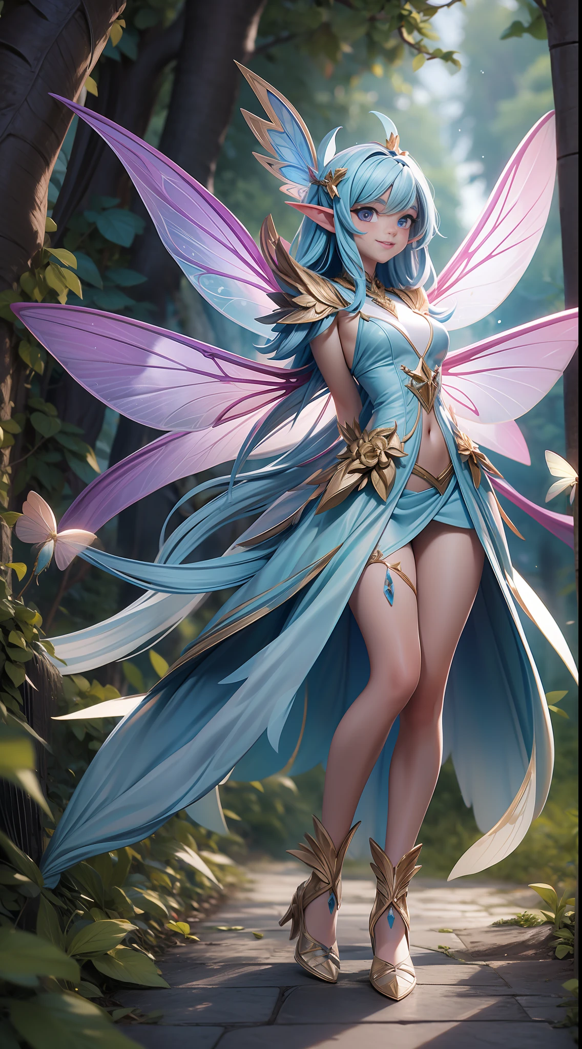 full body picture Unreal Engine 5 8K UHD of beautiful women, fairy, fantasy world, white dress, dragonfly wings, doing magic, magic dust effect, happy face, tiny fairy, best quality, masterpiece