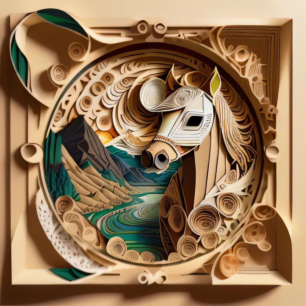 (paper-cut craft,beige square photo-frame,circle mask:1.2),a horse by a river,sunset over mountain,gradient green yellow colorful,depth of field,Sony FDR-AX60,