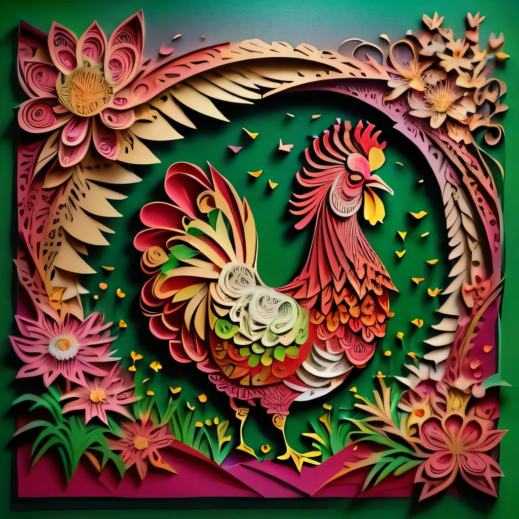 (paper-cut art painting,no-frame,no-mask:1.2),a rooster crowing in the colorful garden,grasses and flowers,gradient green colorful,depth of field,Sony FDR-AX60,