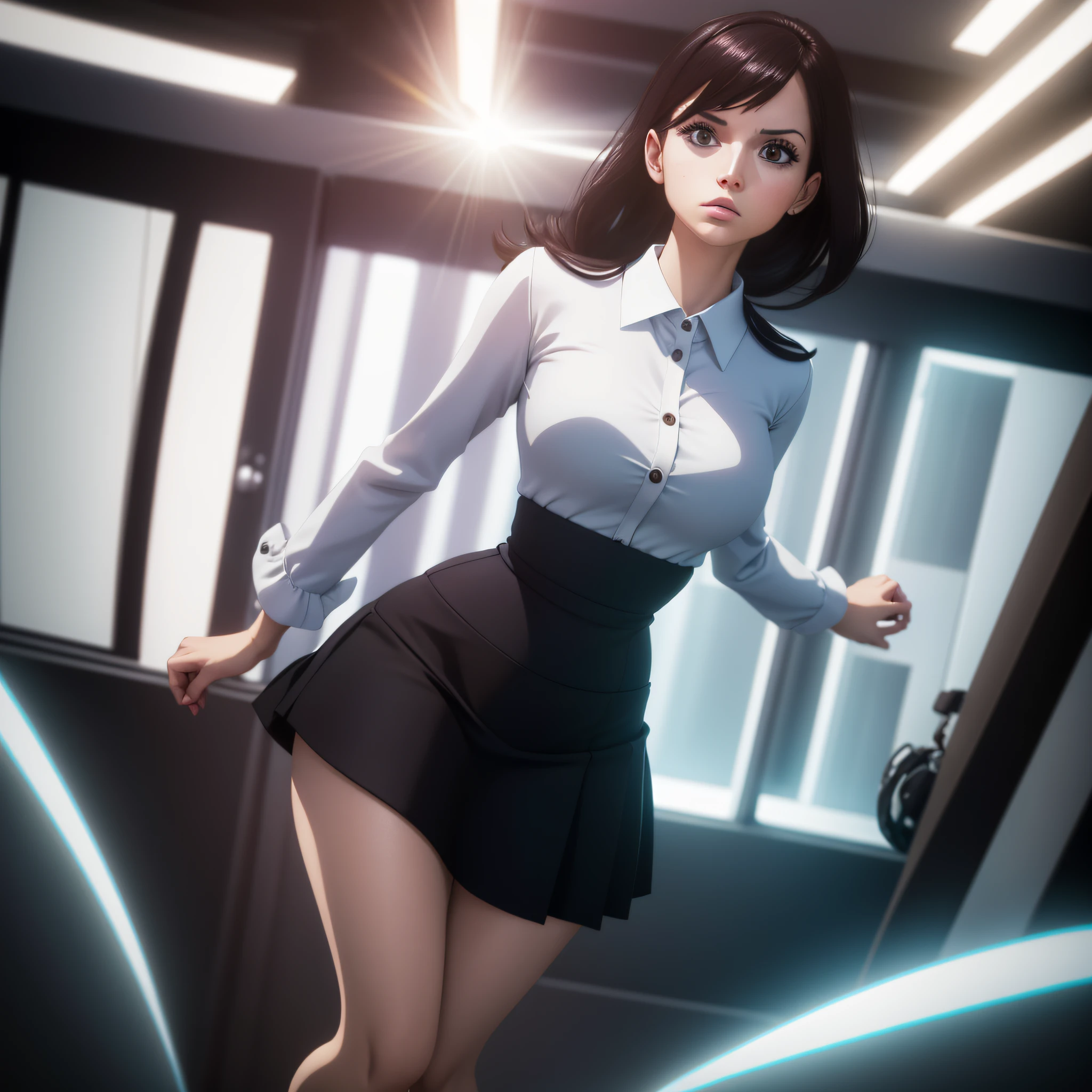 wide angle shot from head to toe. full body in frame. mini skirt. smart dressed female american News woman, dynamic light,ultra high detail, photorealistic
