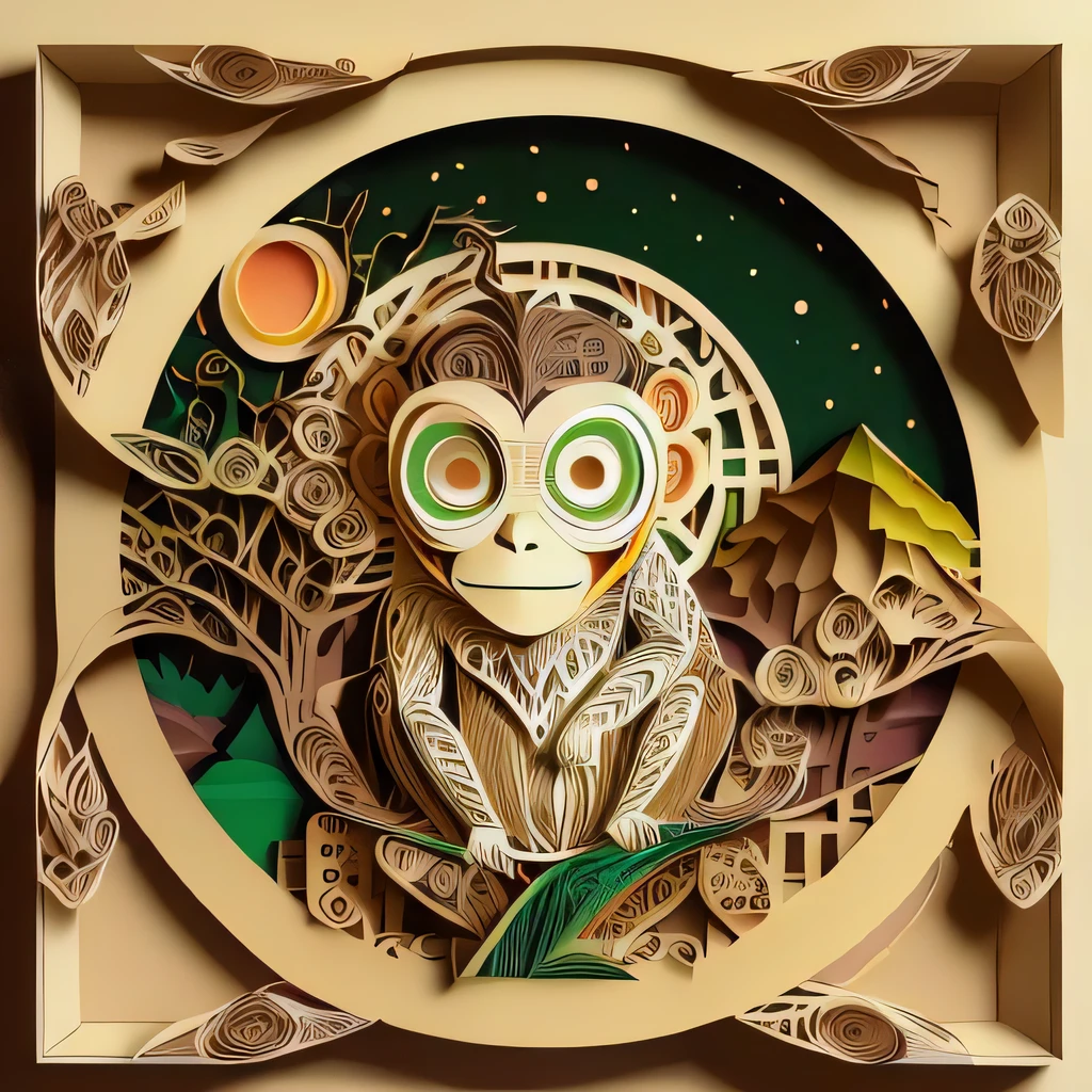 (paper-cut craft,beige square photo-frame,circle mask:1.2),a monkey sitting on tree,sunset over mountain,gradient green yellow colorful,depth of field,Sony FDR-AX60,