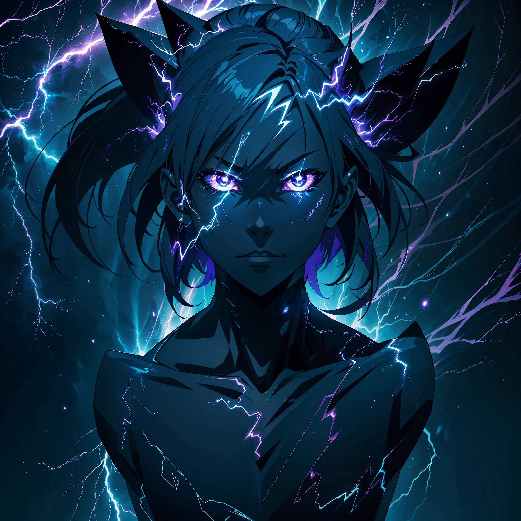 a close-up of a person with a purple and blue background full of lightning, glowing black aura, evil aura, 8k anime, an epic anime of a being with lightning powers, epic anime style, menacing aura, aura of darkness, evolving into his final form, glowing power aura, cosmic power glowing and flourishing, many lightning bolts surrounding the character