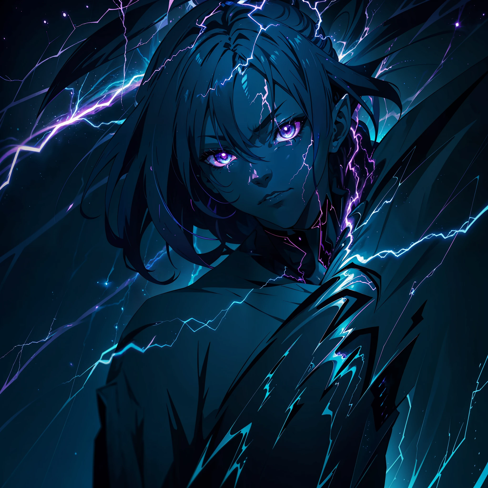 a close-up of a person with a purple and blue background full of lightning, glowing black aura, evil aura, 8k anime, an epic anime of a being with lightning powers, epic anime style, menacing aura, aura of darkness, evolving into his final form, glowing power aura, cosmic power glowing and flourishing, many lightning bolts surrounding the character