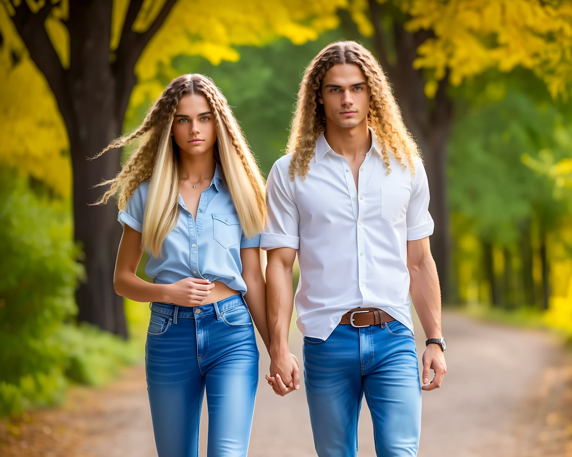 **A young man and a young woman happy, Hypernatural, couple strolling together, ((Perfect anatomically)) with blond hair and beautiful and delicate green eyes, looking at the audience. He is from ((Full body: 1.2)), She is from ((whole body1.2)) are holding hands ((are Western)), ((she is brunette with long hair and with natural curls)), ((he is blond with short straight hair)) are happy, love is in the air, natural light, walking through the park, many trees of all colors around, ultra-detailed, full body portrait,  best photos, images without anatomical errors, intricate details of the highest quality, perfect and symmetrical face, perfect and symmetrical hands, symmetrical faces, symmetrical lips, symmetrical eyes, symmetrical heads, tanned skin, auto, sportswear, jeans, sneakers, s2-upscale, air 3:2 L, 3D, error free.** - --auto --s2