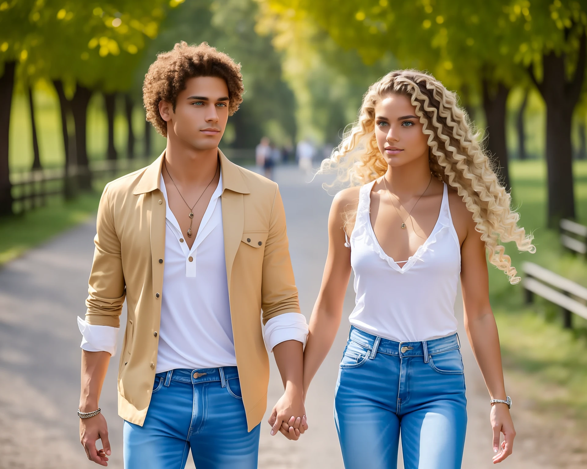 **A young man and a young woman happy, Hypernatural, couple strolling together, ((Perfect anatomically)) with blond hair and beautiful and delicate green eyes, looking at the audience. He is from ((Full body: 1.2)), She is from ((whole body1.2)) are holding hands ((are Western)), ((she is brunette with long hair and with natural curls)), ((he is blond with short straight hair)) are happy, love is in the air, natural light, walking through the park, many trees of all colors around, ultra-detailed, full body portrait,  best photos, images without anatomical errors, intricate details of the highest quality, perfect and symmetrical face, perfect and symmetrical hands, symmetrical faces, symmetrical lips, symmetrical eyes, symmetrical heads, tanned skin, auto, sportswear, jeans, sneakers, s2-upscale, air 3:2 L, 3D, error free.** - --auto --s2