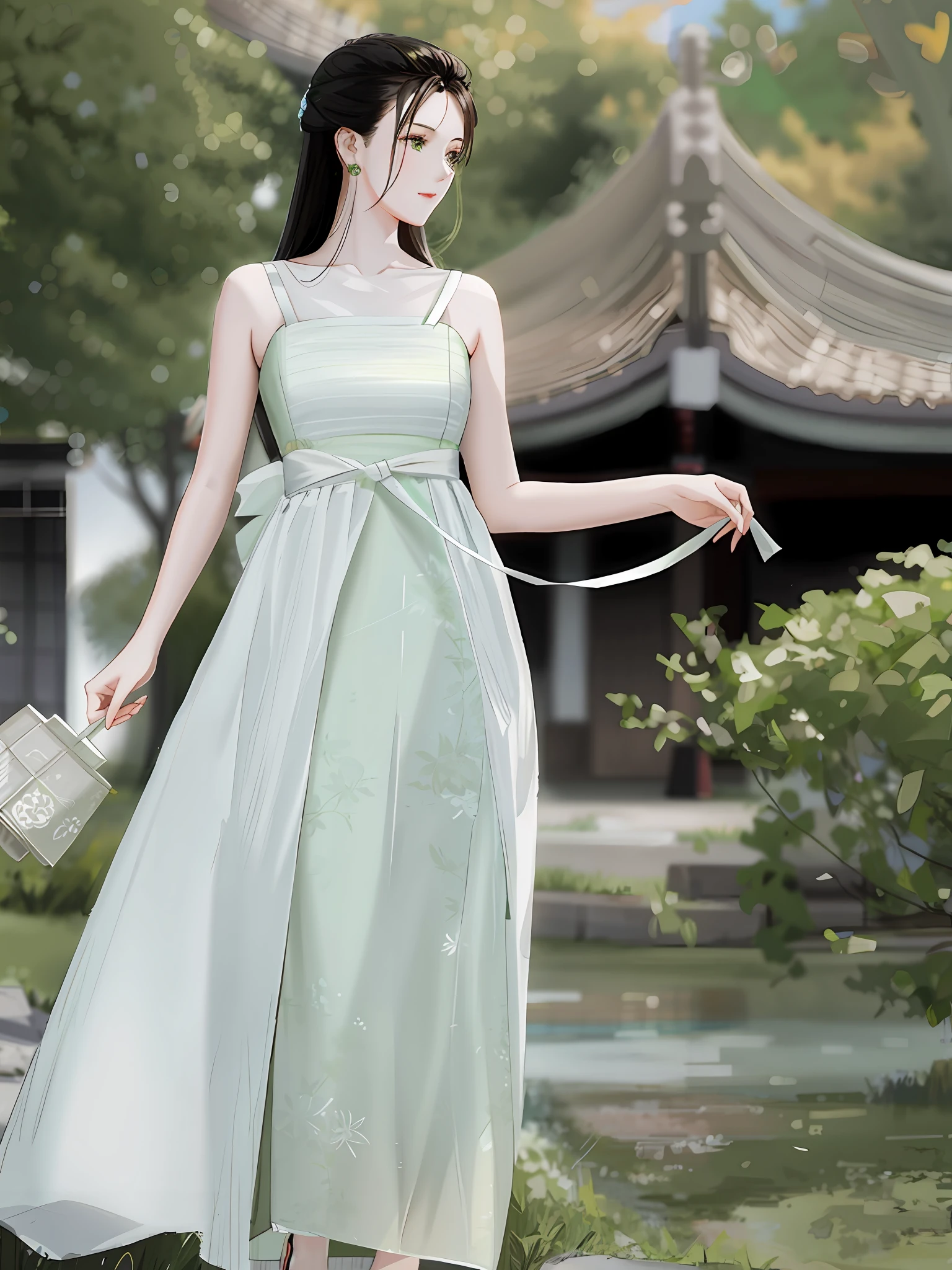 araffe woman in a green dress holding a purse and a purse, light green dress, flowing dress, hanfu, pastel green, with a thin waist, wearing a flowing dress, elegant dress, white hanfu, chinese style, long dress, ethereal beauty, green dress, romantic dress, sha xi, an elegant green, very ethereal, wearing an elegant dress