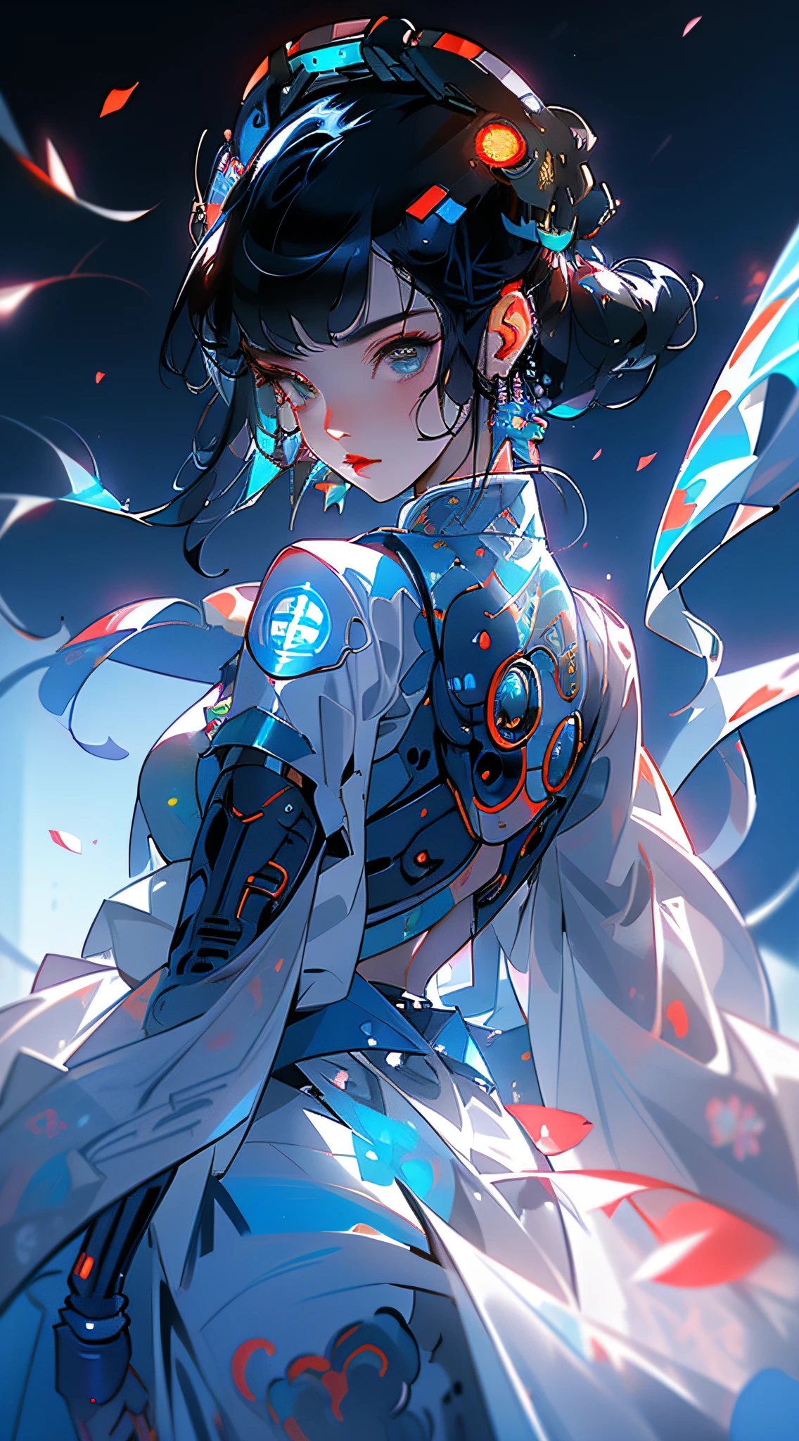 ((Cyberpunk style, robotic arm, holographic aura, surreal sci-fi art, futuristic sci-fi aesthetics)), 1 girl solo, close-up, (beautiful eyes), (ancient Chinese clothes, embroidered pleated skirt, embroidered collar Uesugi, large sleeves, streamers), (hairpins), (hanfu), (clear facial features, detailed skin texture, pretty face), (8k, raw photos, best quality, masterpiece: 1.2), (realistic, photo fidelity: 1.4), (very detailed CG Unity 8k wallpaper), full body, (neon: 1.4)