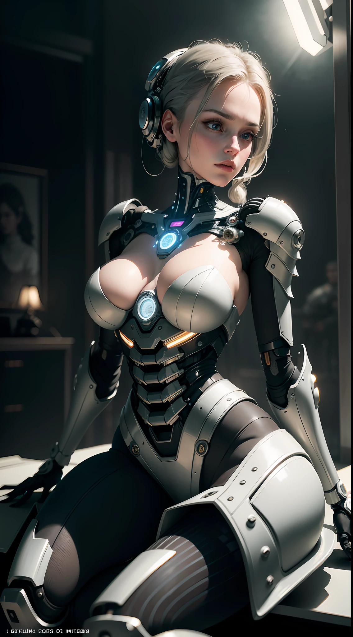 complex 3d render ultra detailed of a beautiful porcelain profile woman android face, cyborg, robotic parts, 150 mm, beautiful studio soft light, rim light, vibrant details, luxurious cyberpunk, lace, hyperrealistic, anatomical, facial muscles, cable electric wires, microchip, elegant, beautiful background, octane render, H. R. Giger style, 8k, best quality, masterpiece, illustration, an extremely delicate and beautiful, extremely detailed ,CG ,unity ,wallpaper, (realistic, photo-realistic:1.37),Amazing, finely detail, masterpiece,best quality,official art, extremely detailed CG unity 8k wallpaper, absurdres, incredibly absurdres, , robot, silver halmet, full body, sitting